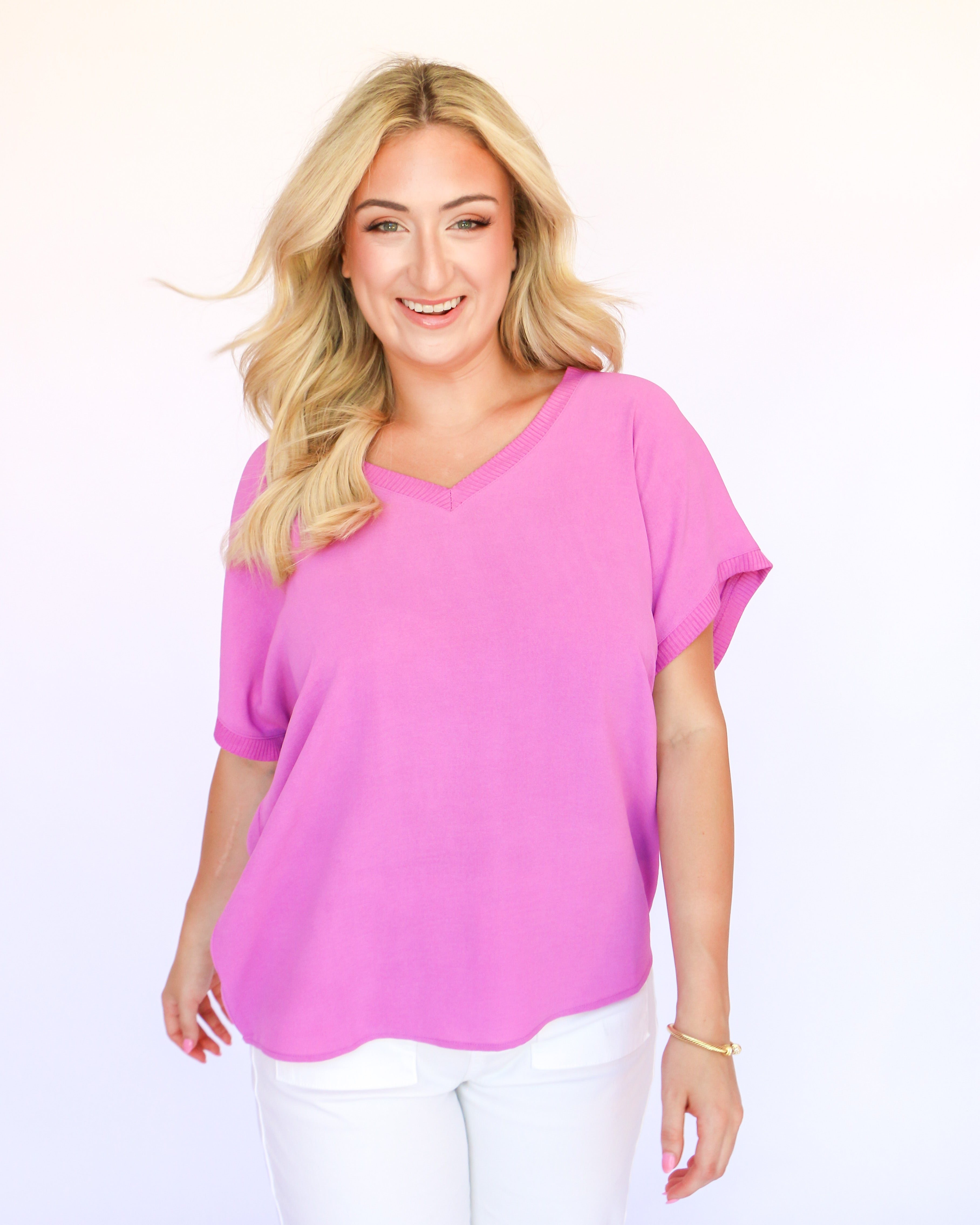 V-Neck Rib Trim Tee in Lavender | Ivy Jane