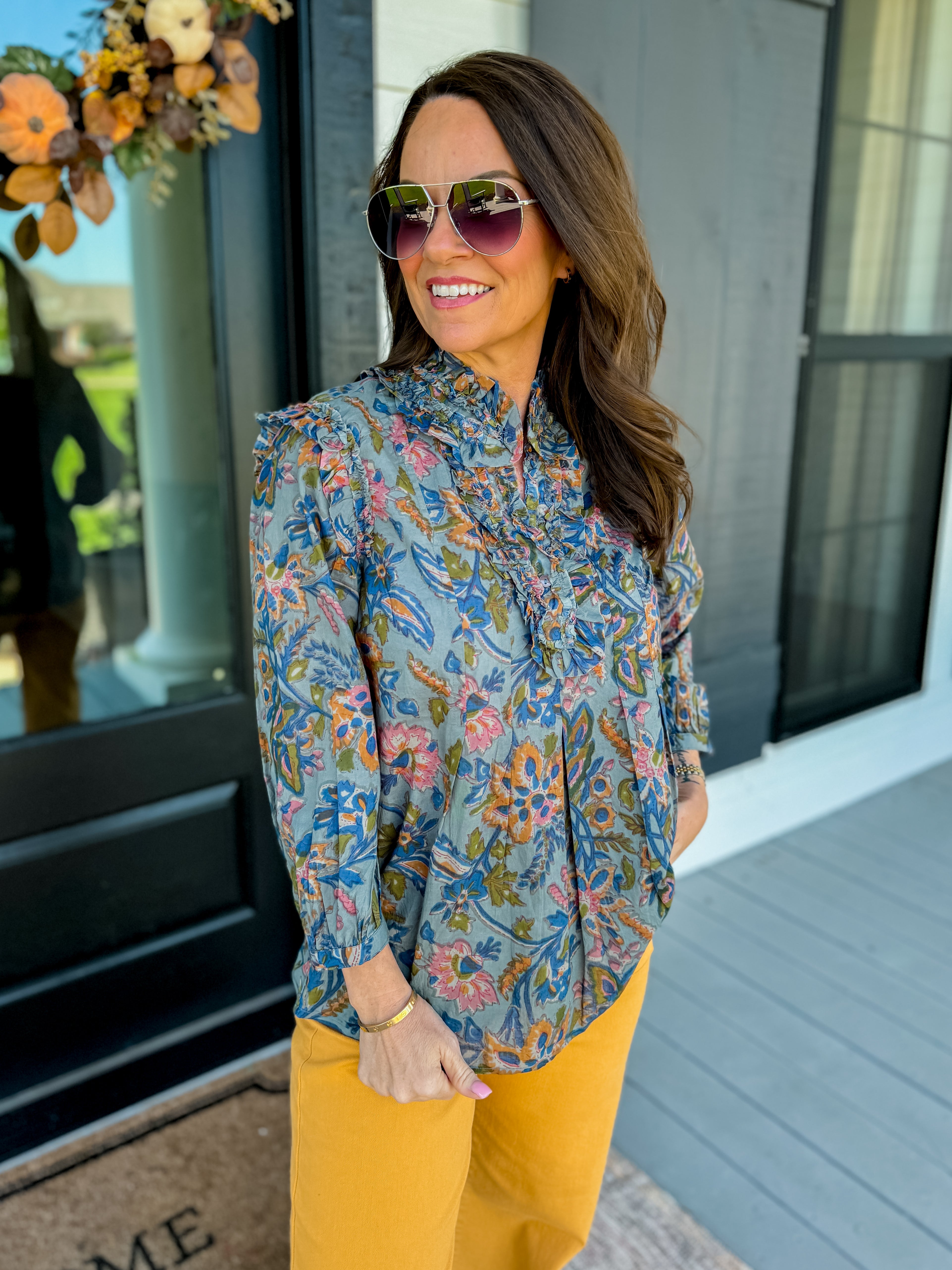 Ruffled Neck Top in Blue