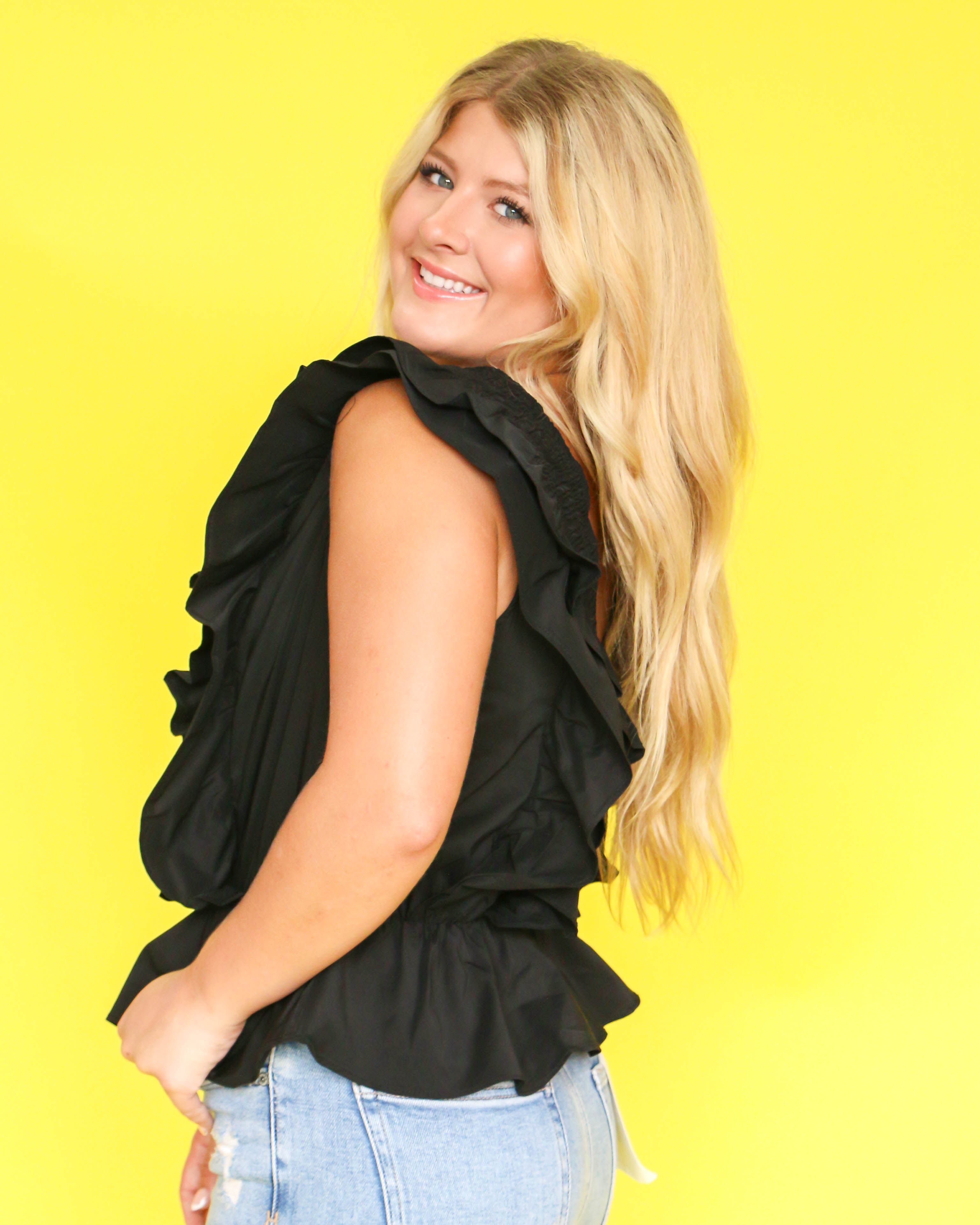 Smocked Detail Ruffle Top in Black