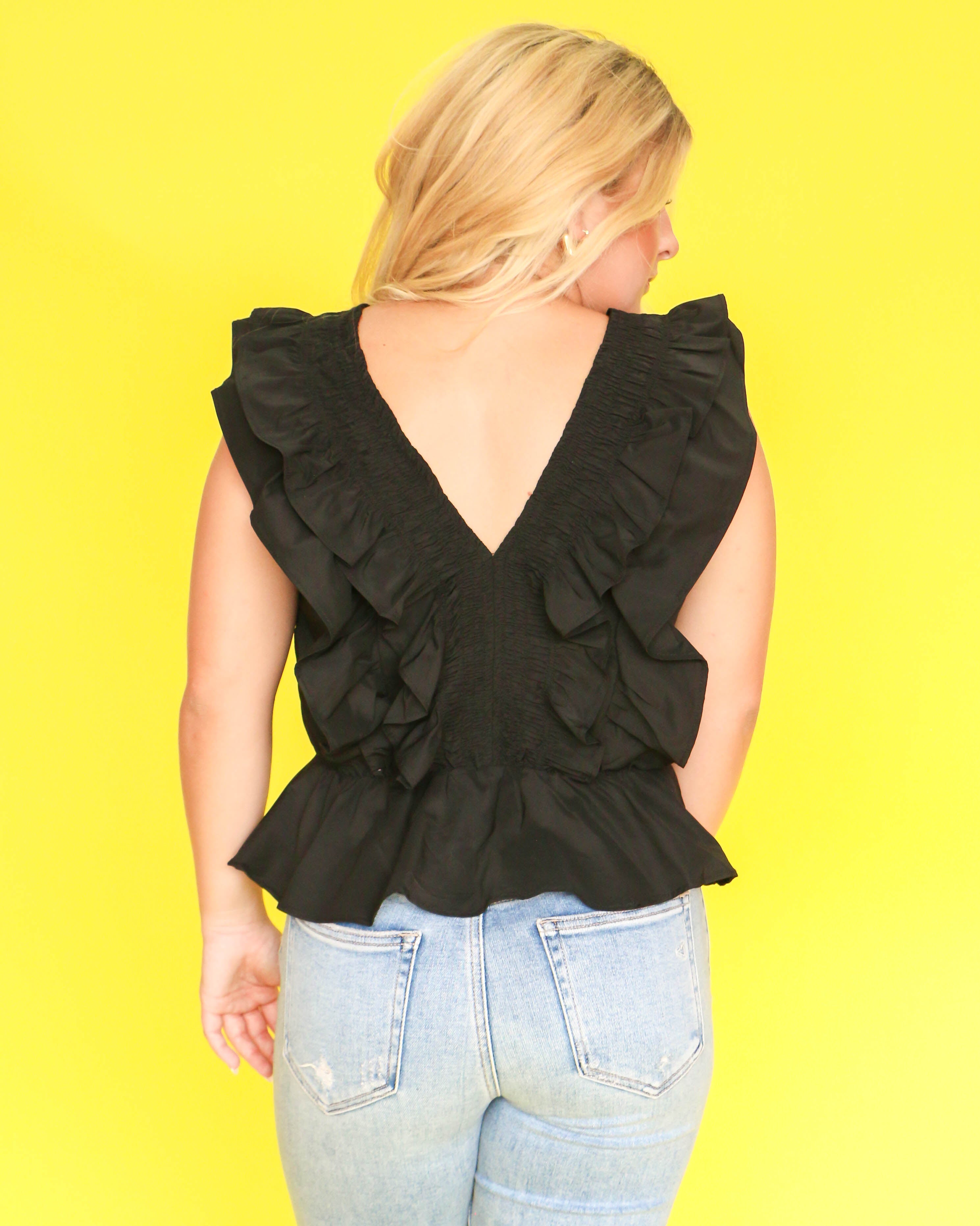 Smocked Detail Ruffle Top in Black