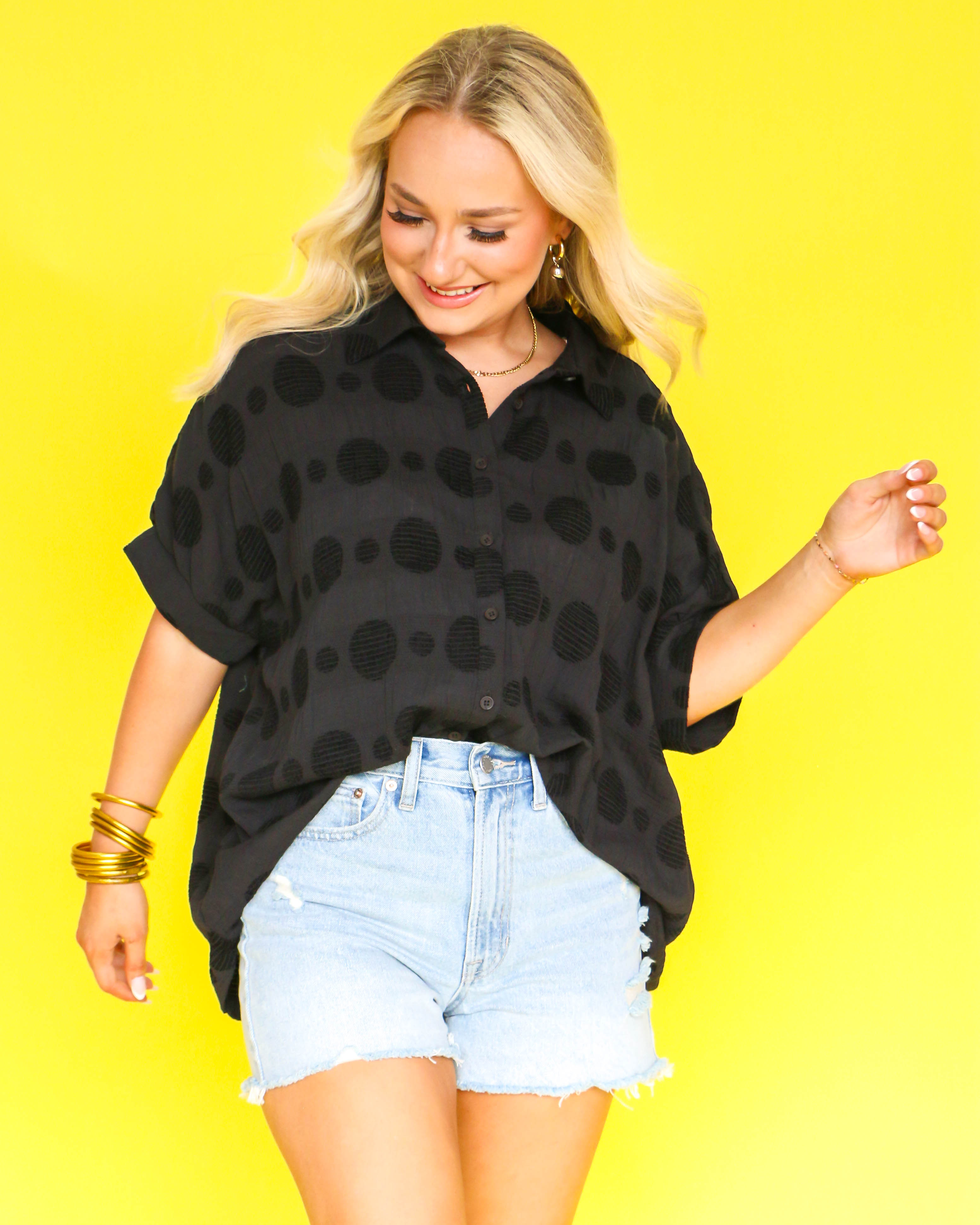 Texture Fabric Button Down Polka Dot Detailed Top in Black