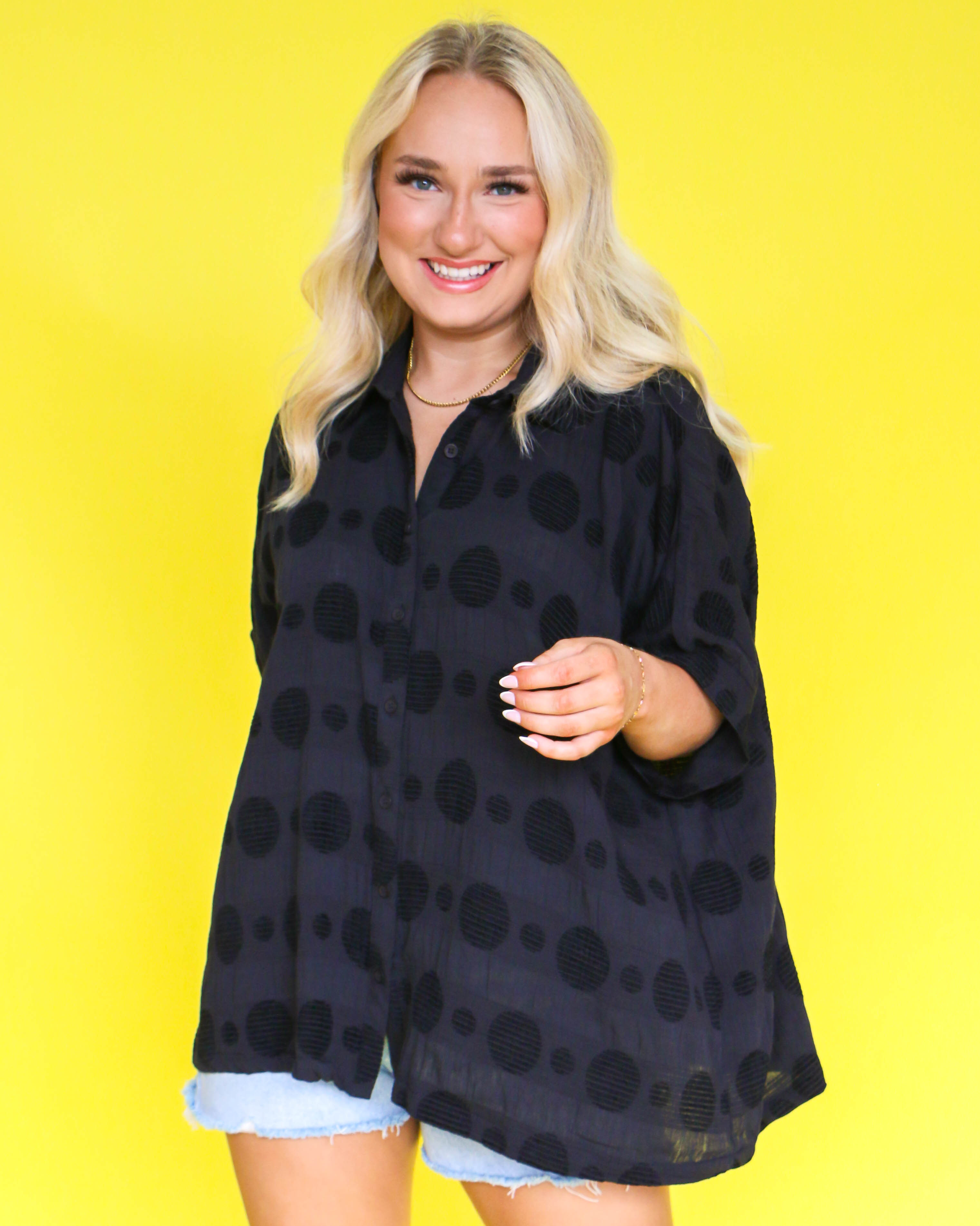 Texture Fabric Button Down Polka Dot Detailed Top in Black