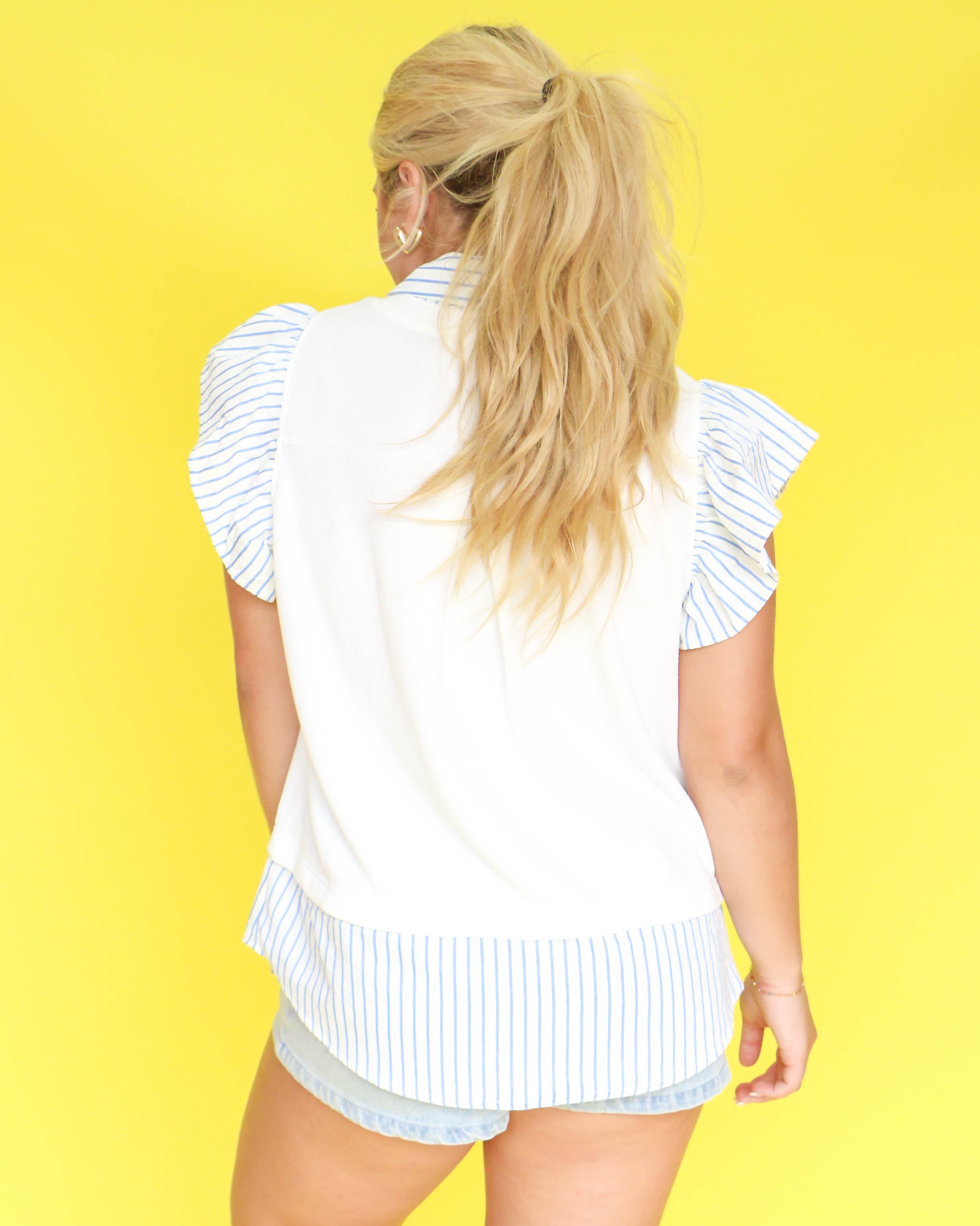 White Shirt with Blue and White Striped Ruffle Sleeves