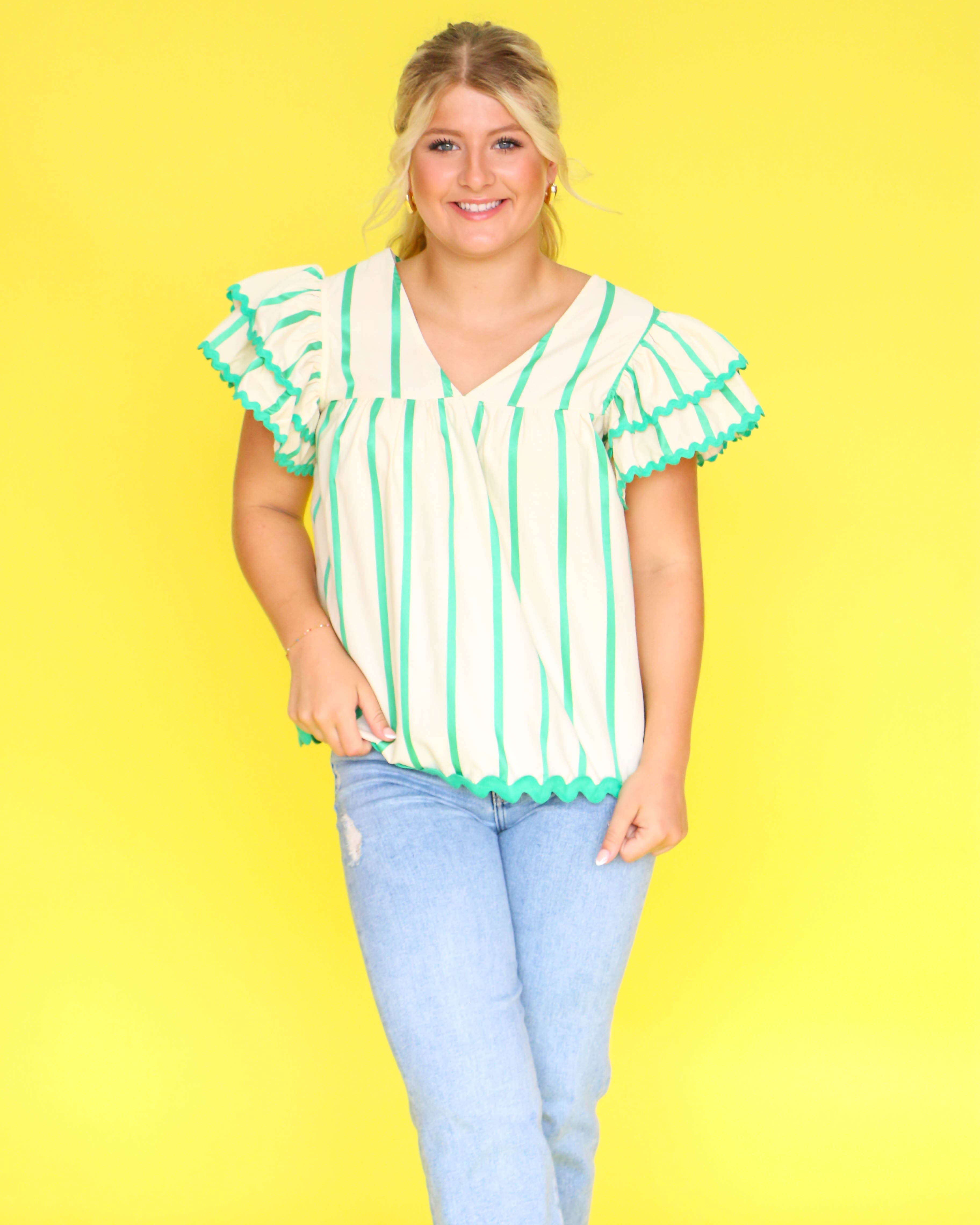 Green Striped Ruffle Sleeve Shirt