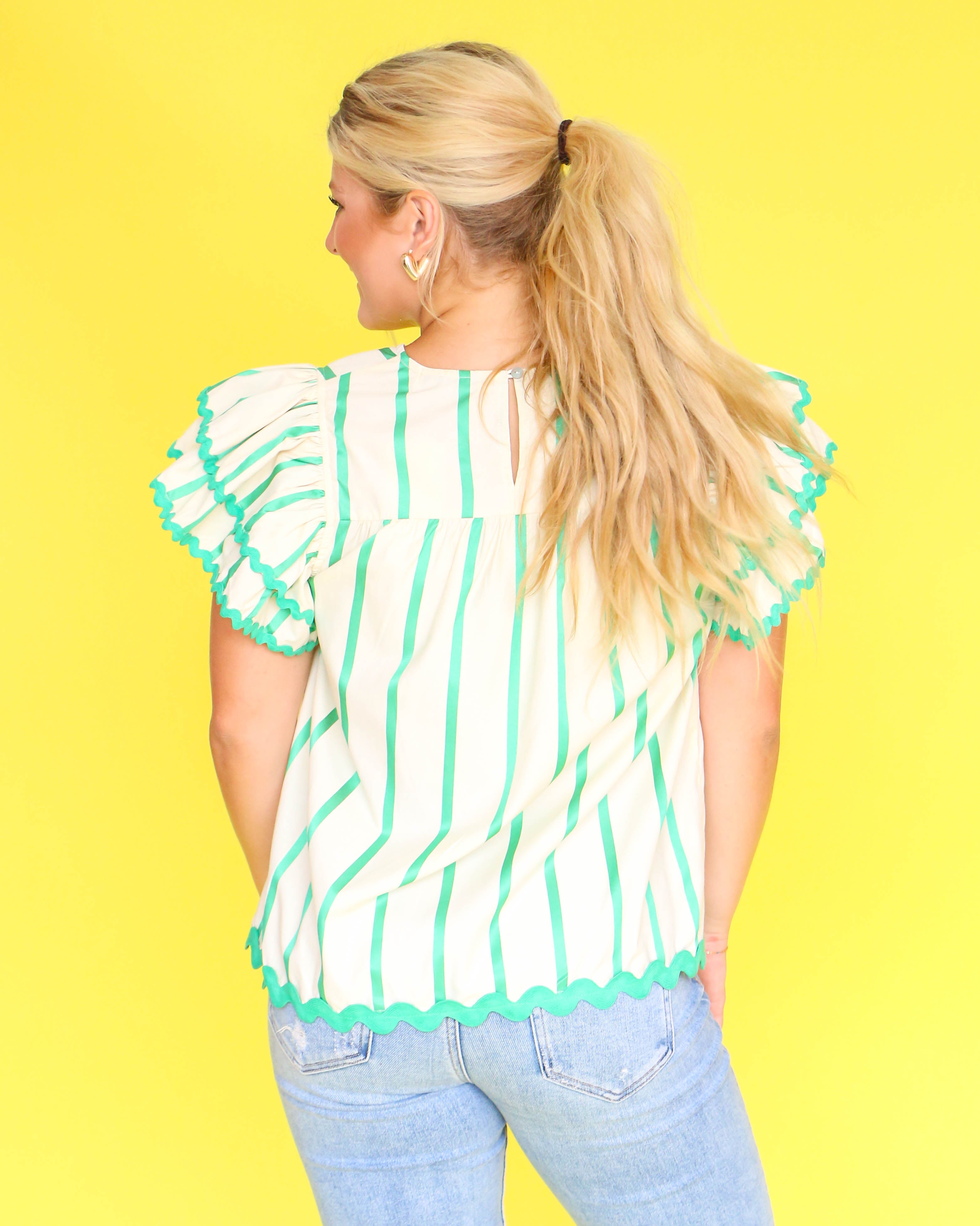 Green Striped Ruffle Sleeve Shirt