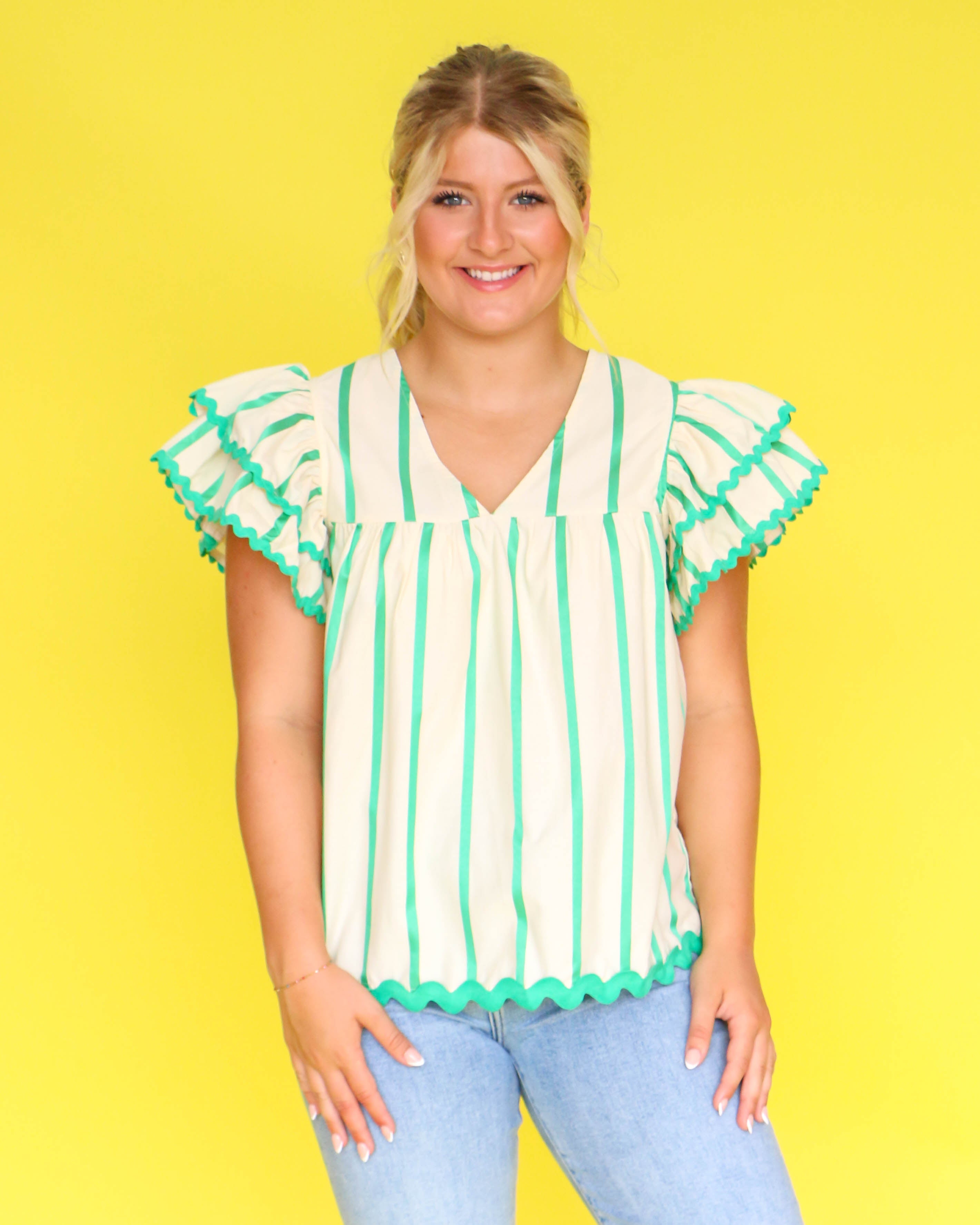 Green Striped Ruffle Sleeve Shirt