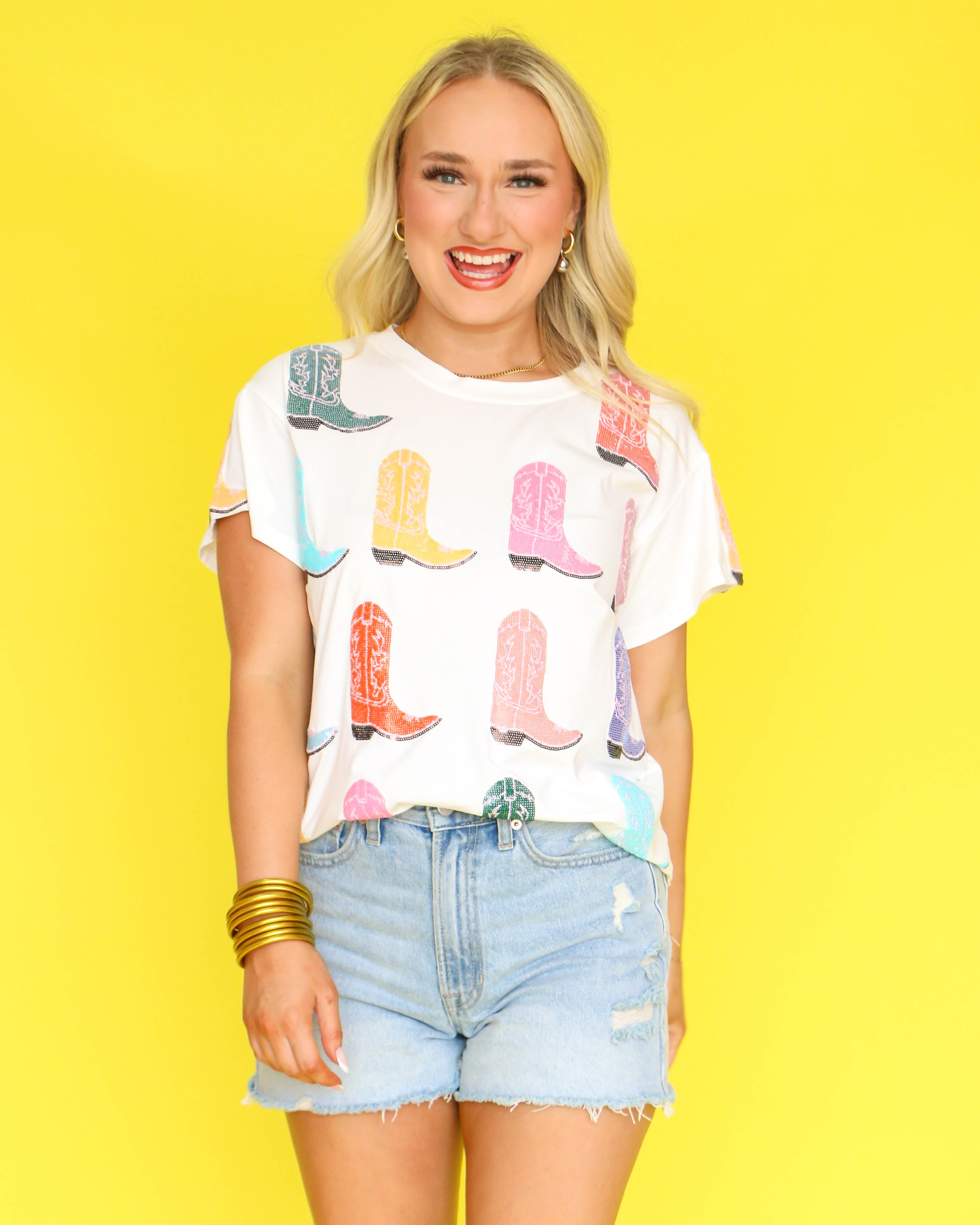 White Multi Cowboy Boot Tee