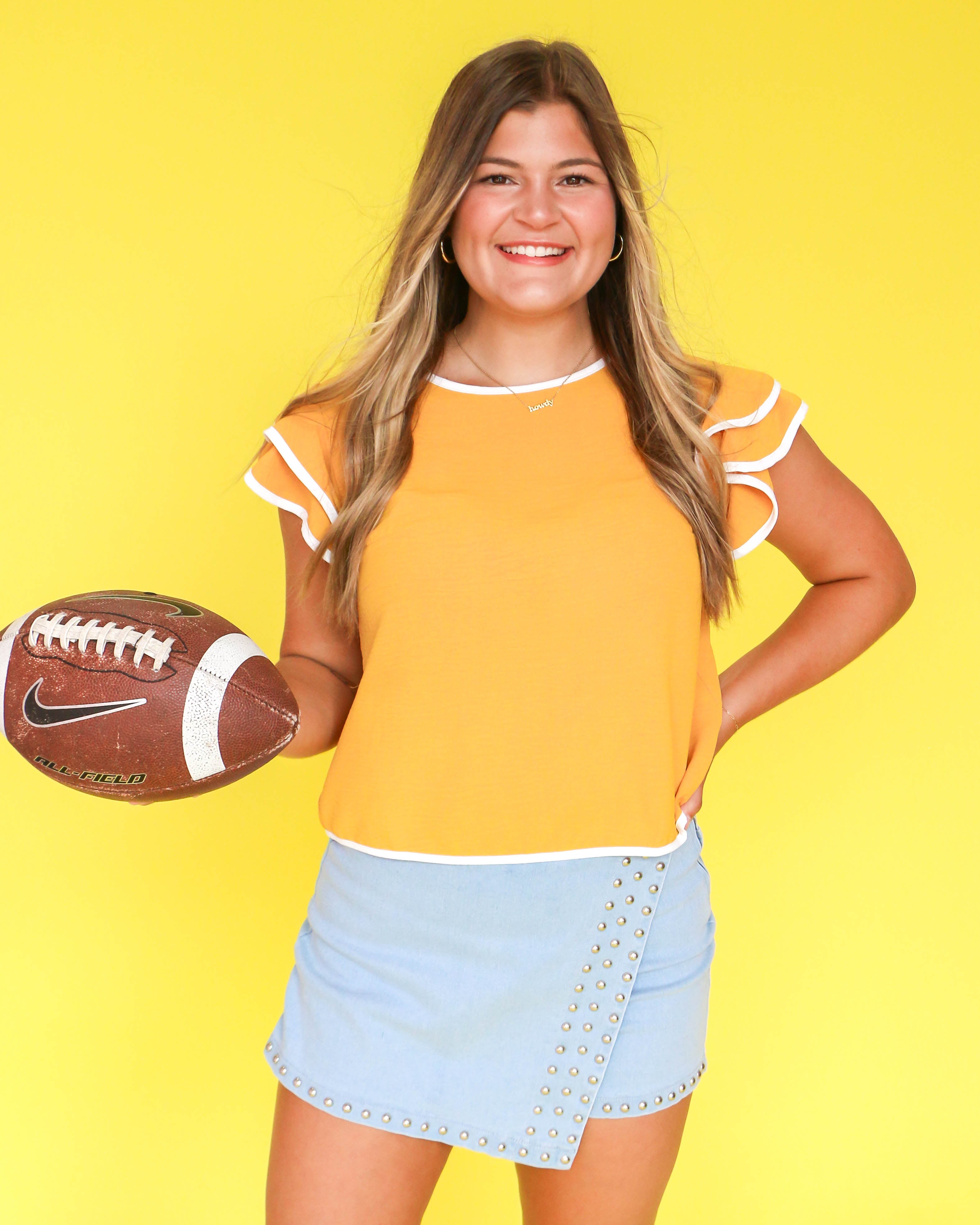 Game Day Ruffle Sleeve Contrast Piping Top in Gold