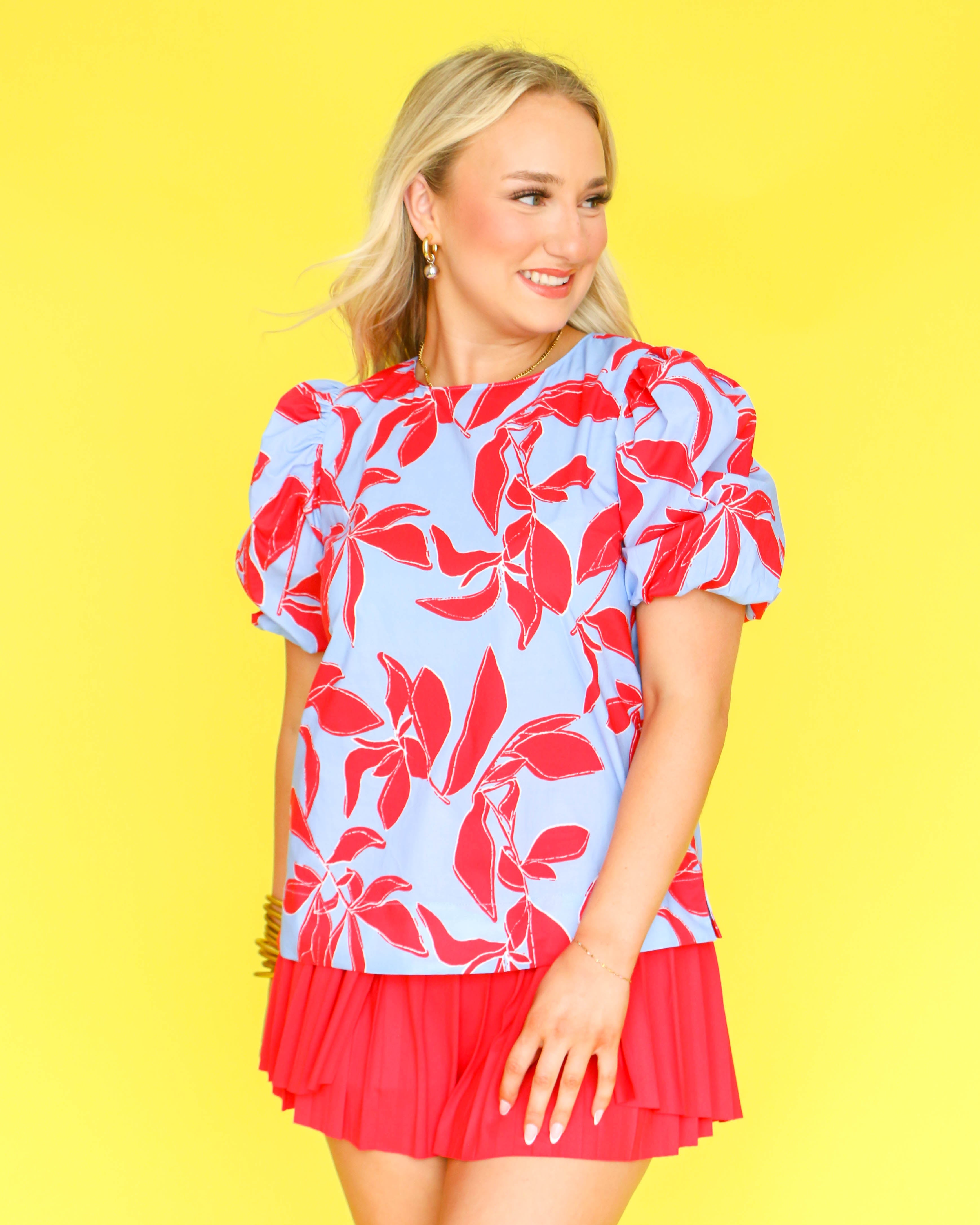 Blue/Red Print Puff Sleeve Top