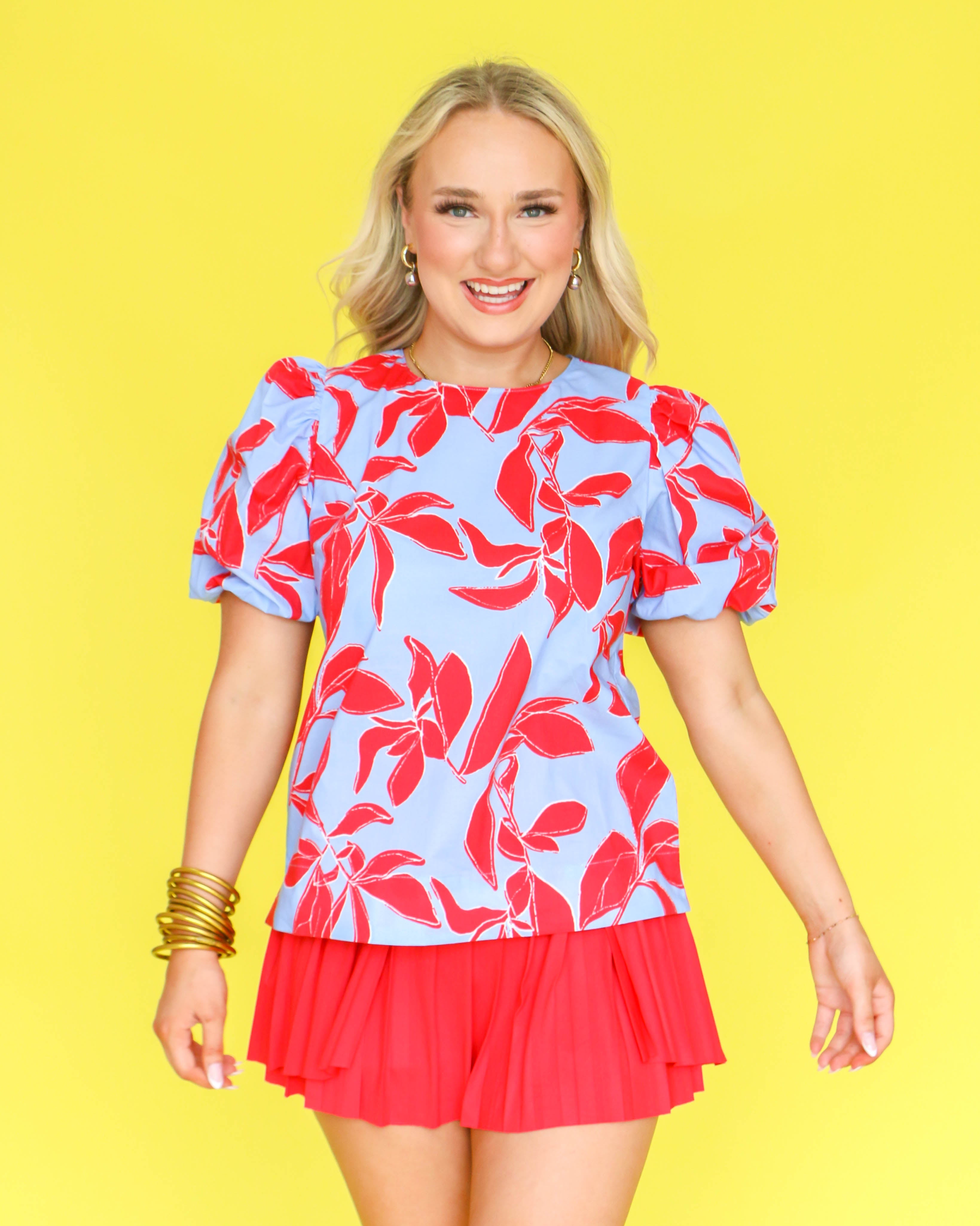 Blue/Red Print Puff Sleeve Top