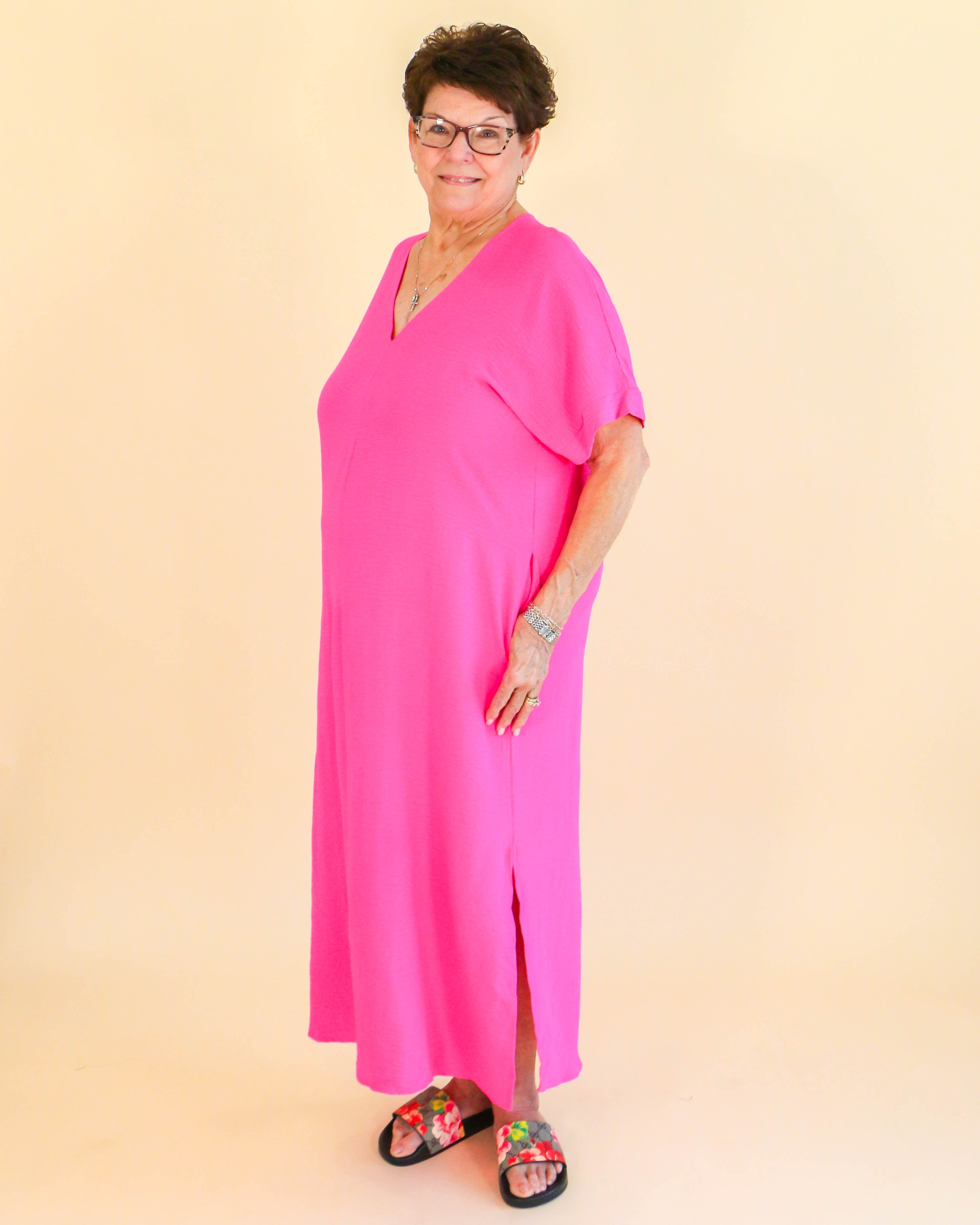 Solid Midi Dress in Hot Pink