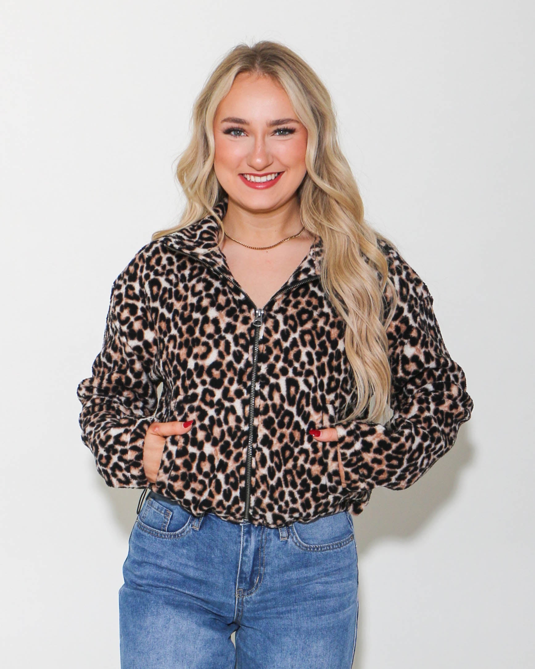 Mock-Neck Animal Print Teddy Jacket