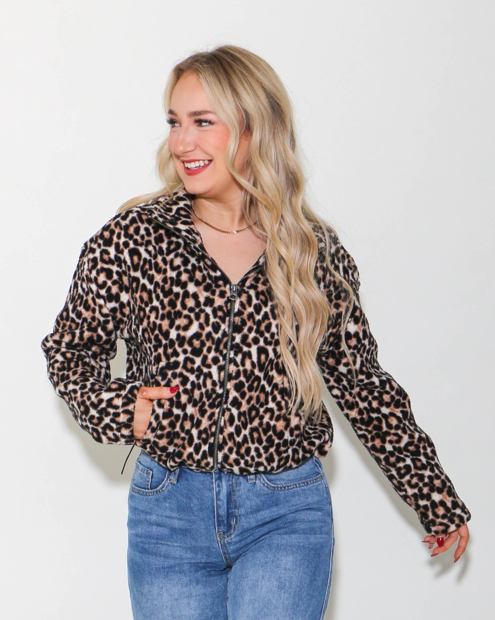 Mock-Neck Animal Print Teddy Jacket