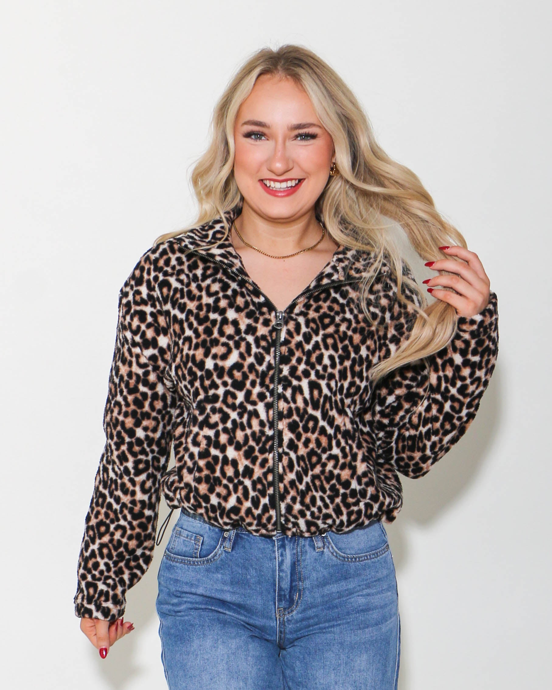 Mock-Neck Animal Print Teddy Jacket