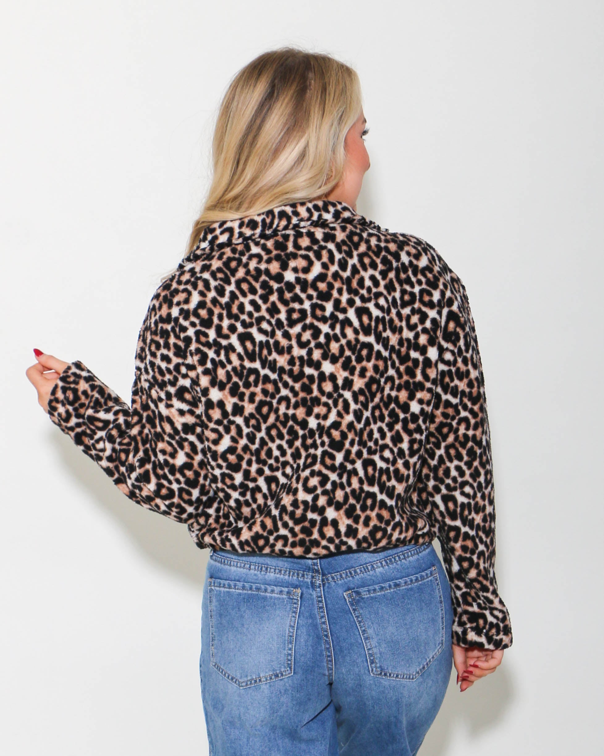 Mock-Neck Animal Print Teddy Jacket