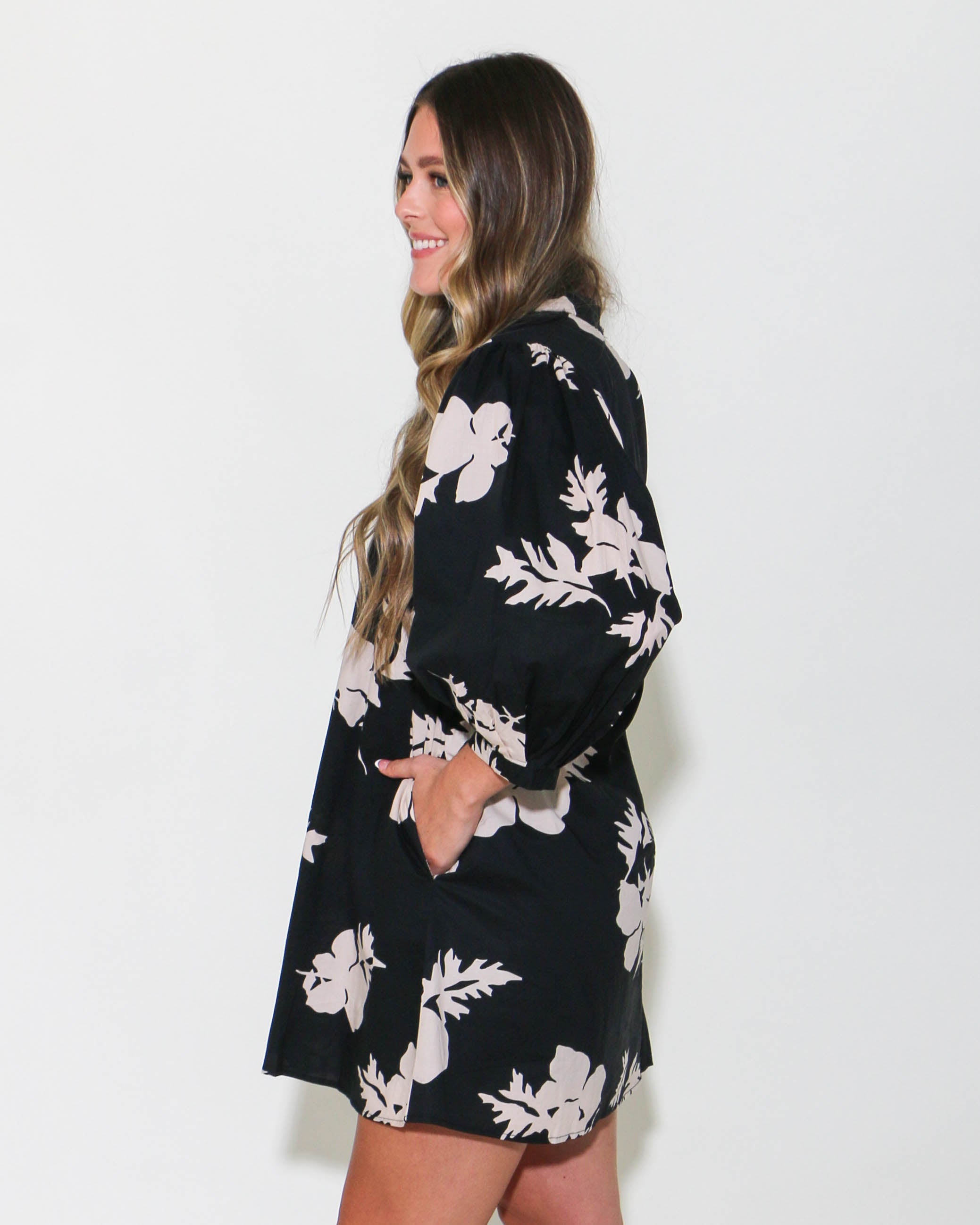 Floral 3/4 Sleeve Mini Dress in Black