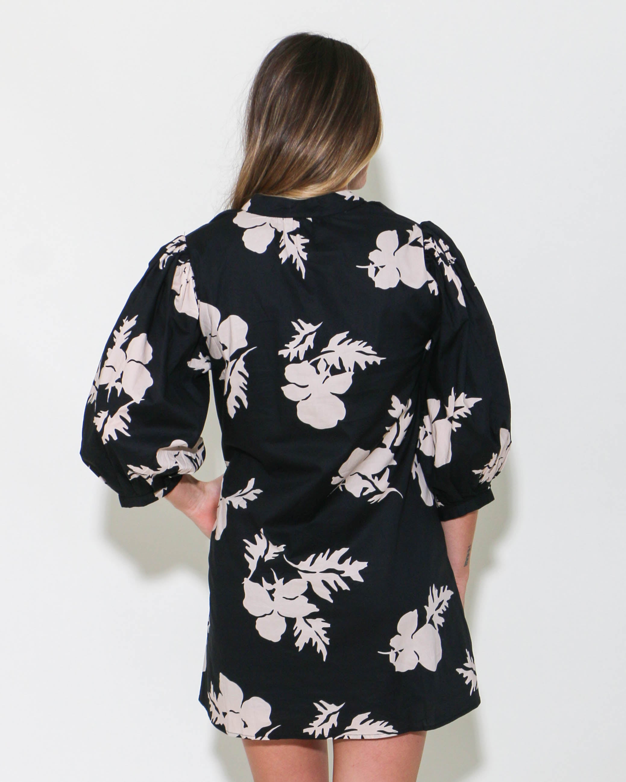 Floral 3/4 Sleeve Mini Dress in Black