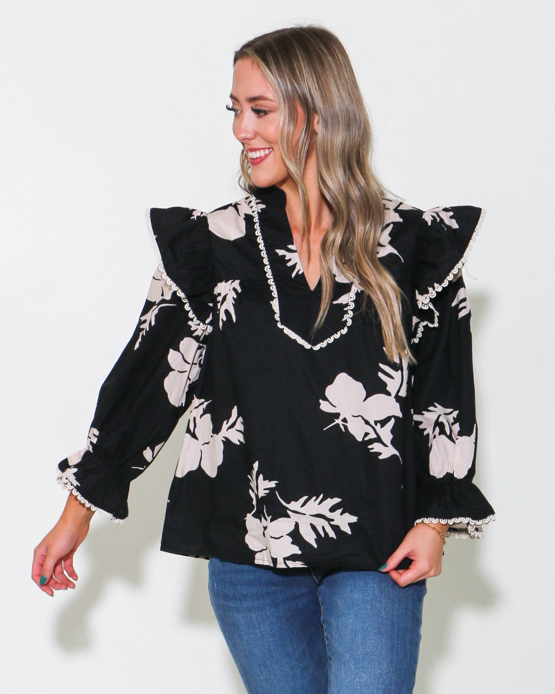 Printed V-Neck Top with Ruffle Details