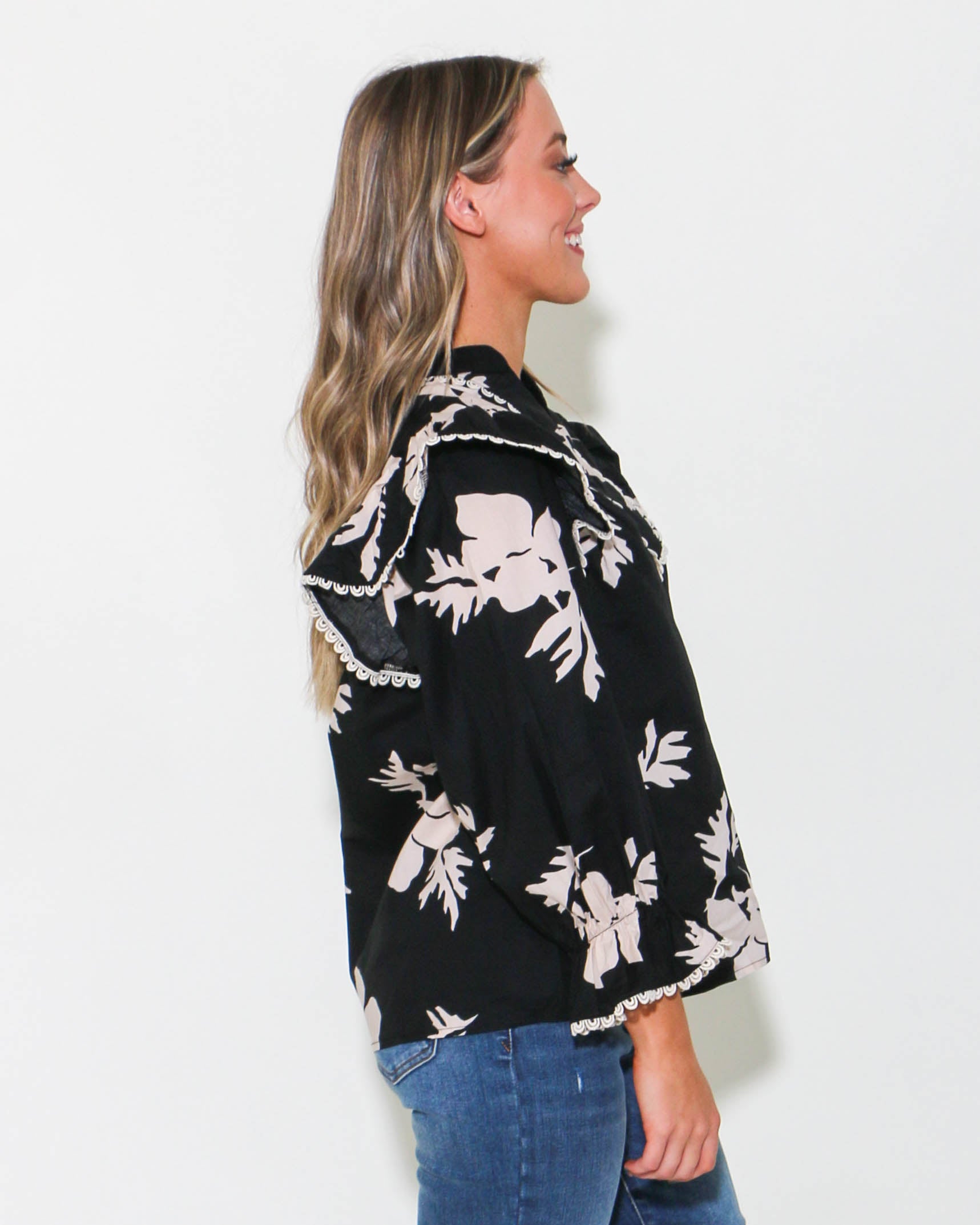 Printed V-Neck Top with Ruffle Details