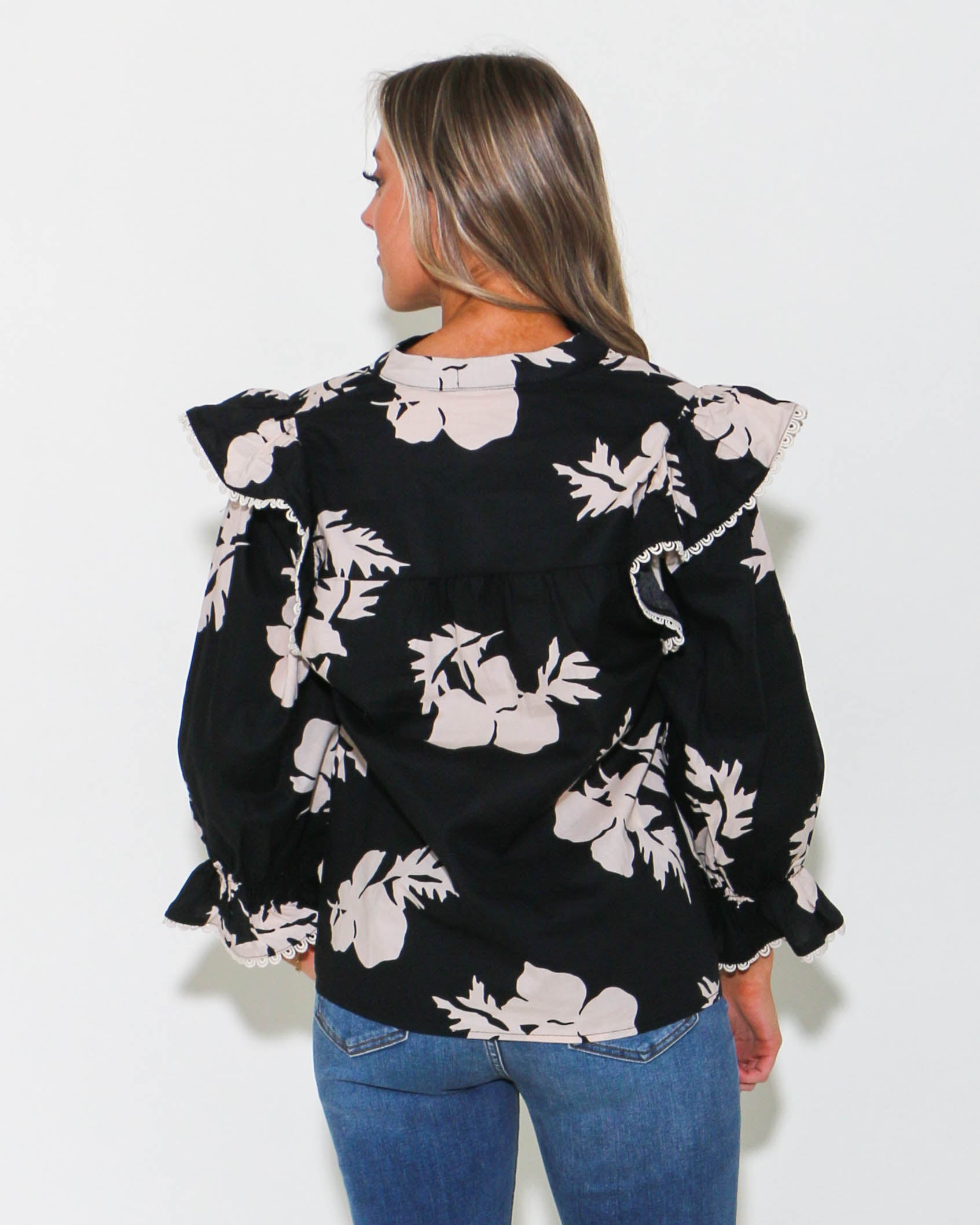 Printed V-Neck Top with Ruffle Details