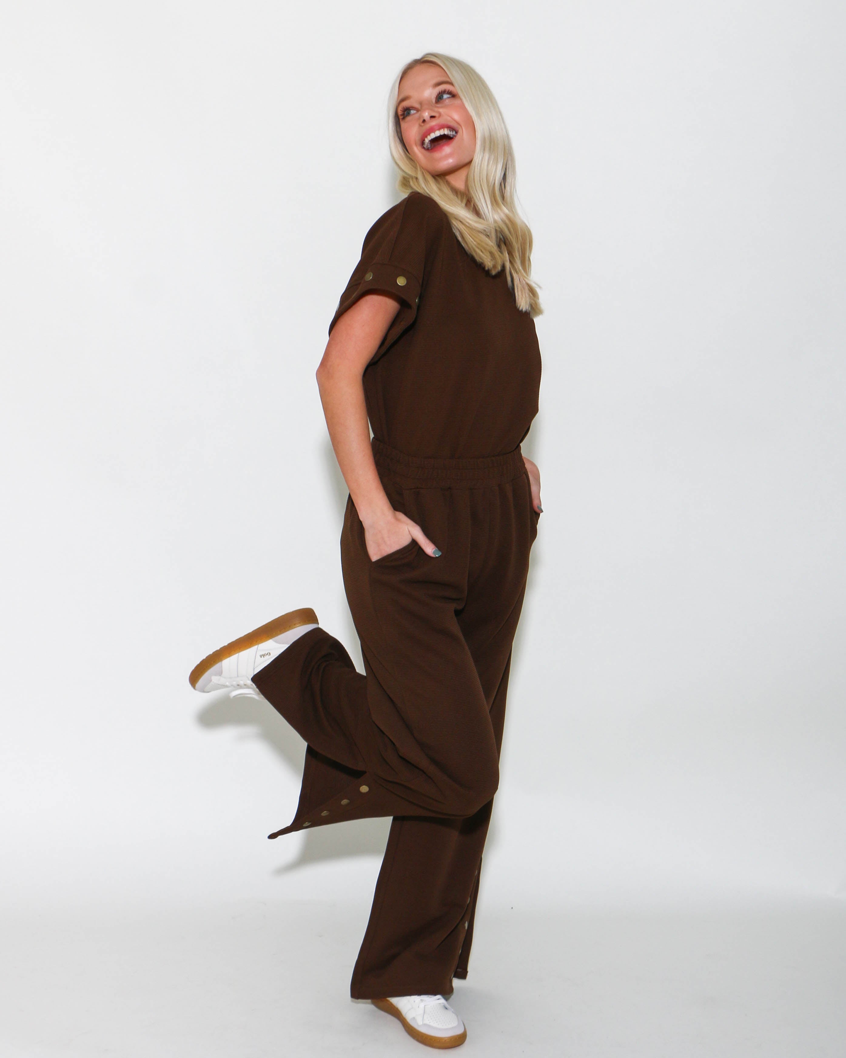 Ribbed Knit Pants Set in Brown