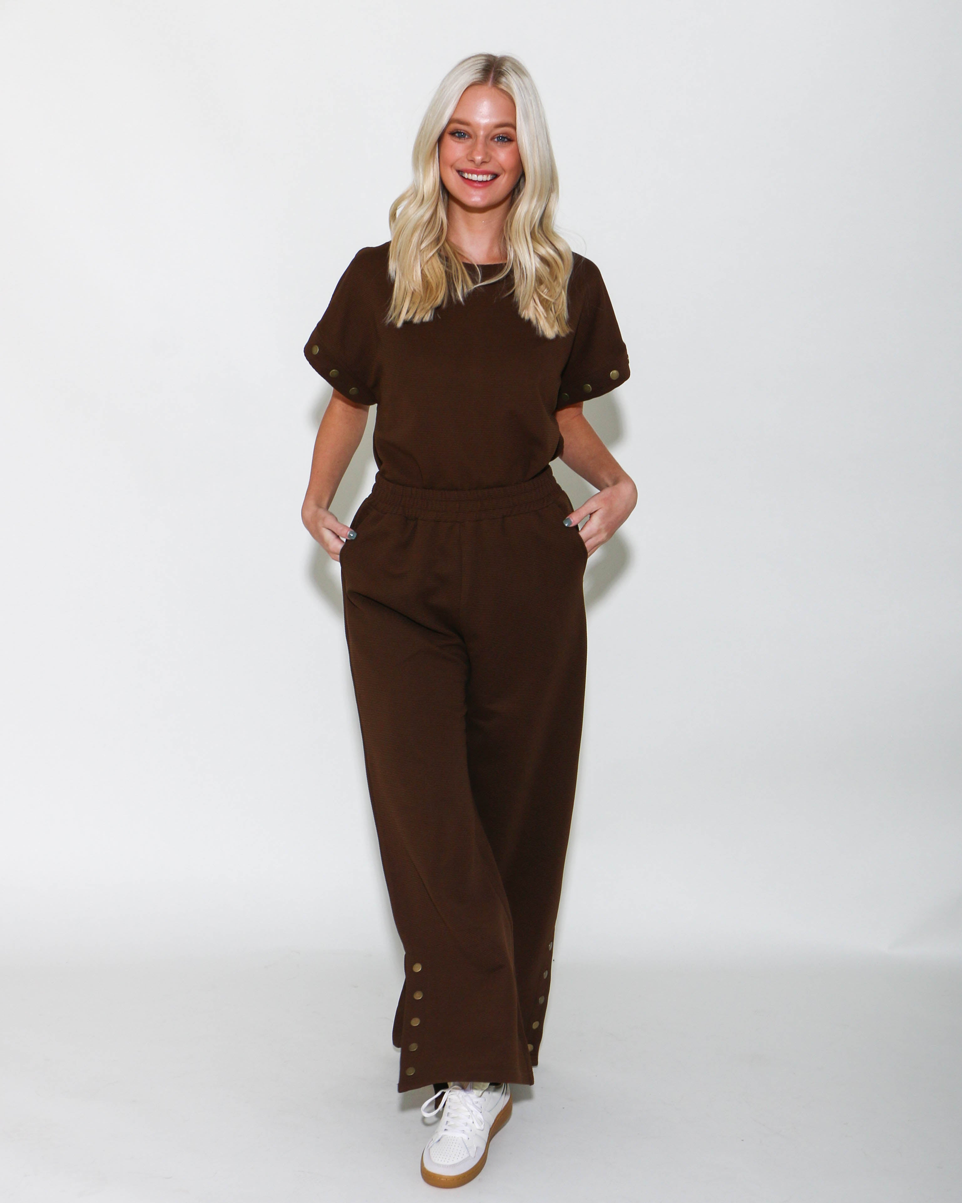 Ribbed Knit Pants Set in Brown