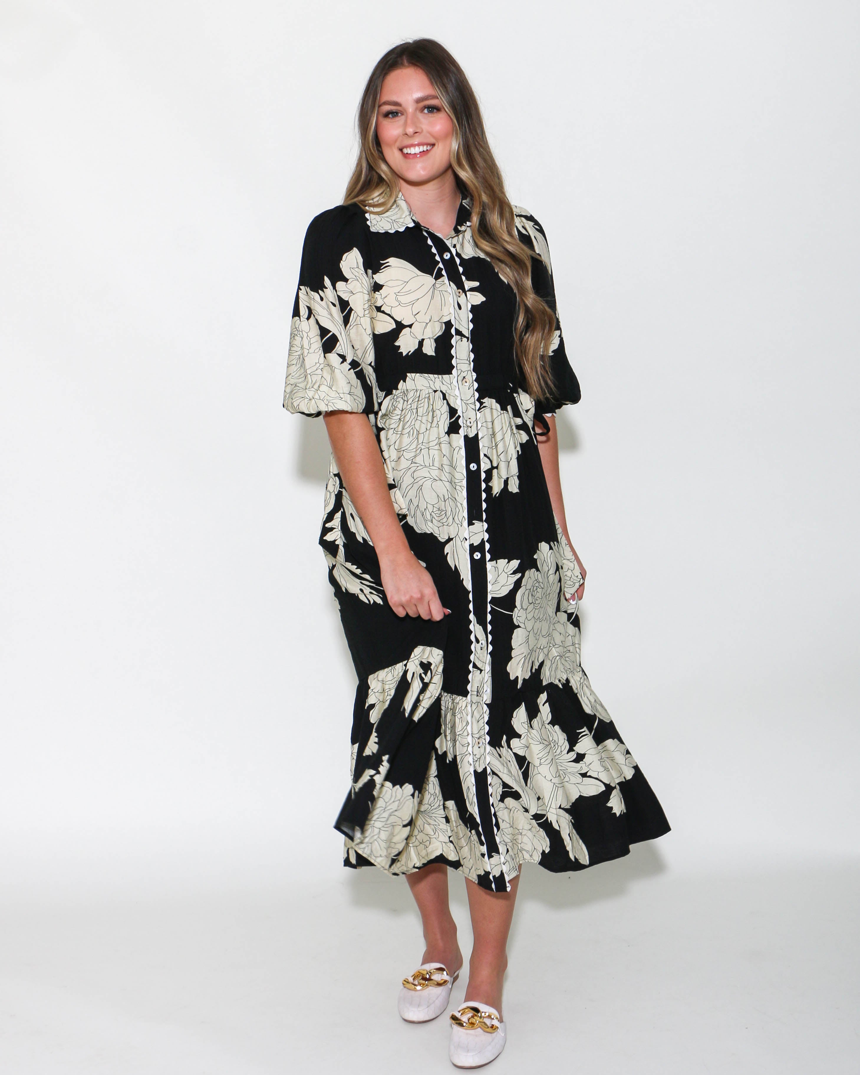 Floral Print Collared Button Up Midi Dress