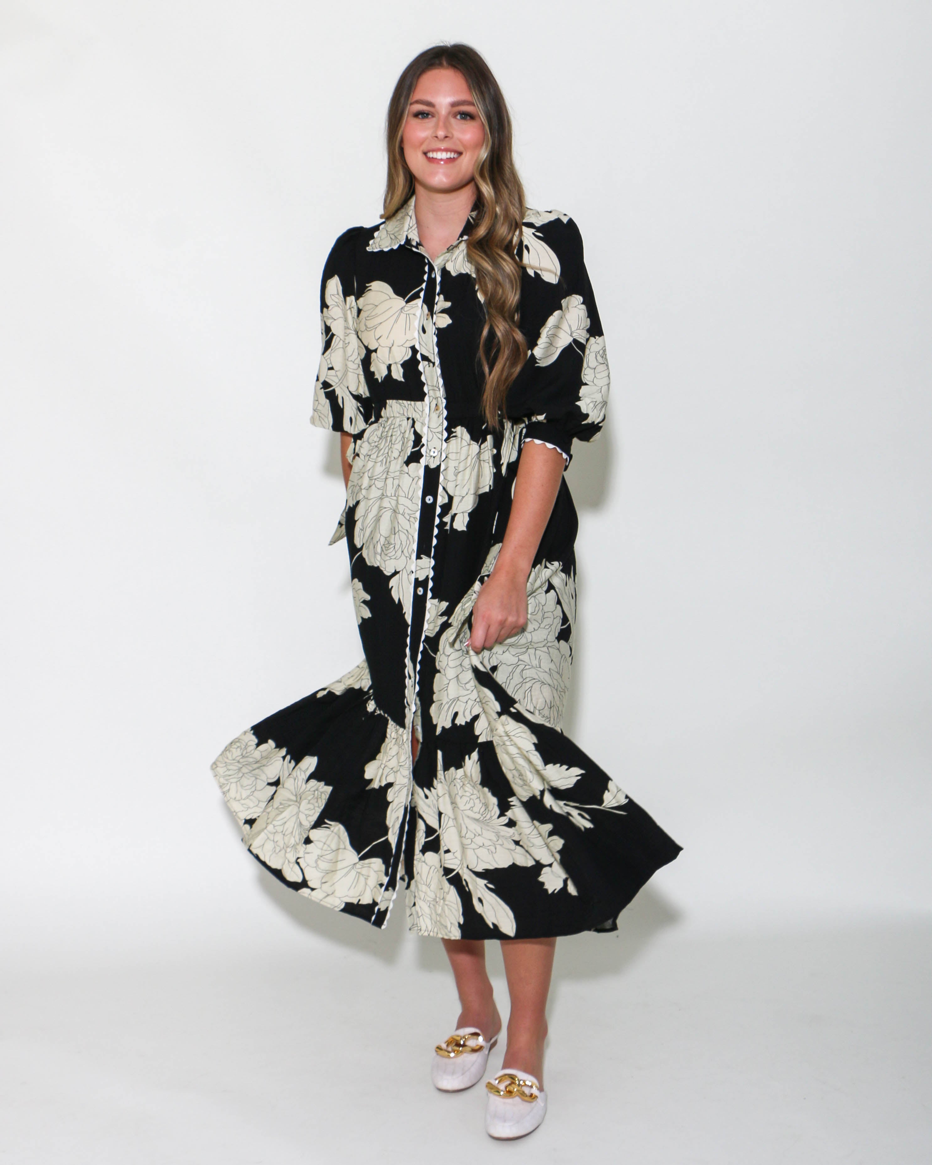 Floral Print Collared Button Up Midi Dress