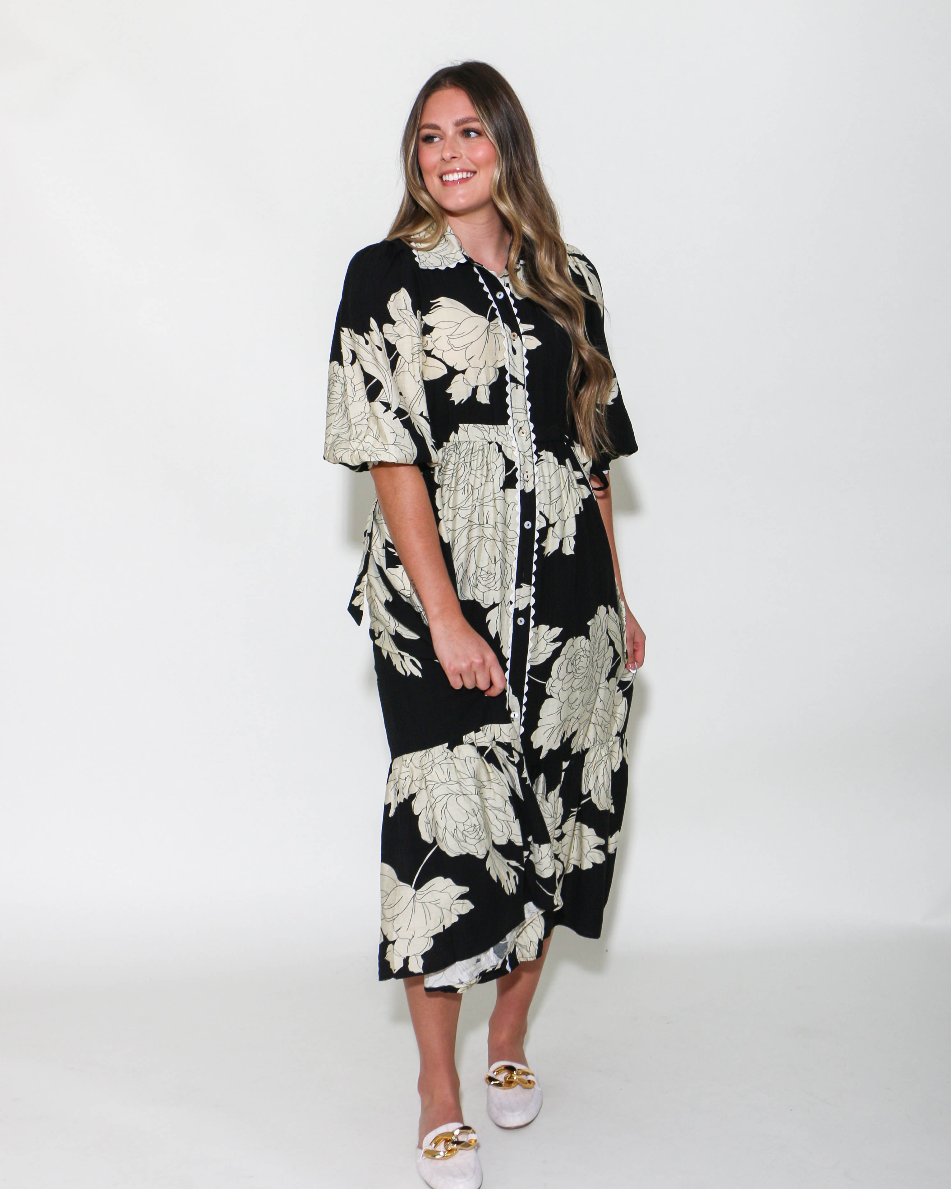 Floral Print Collared Button Up Midi Dress