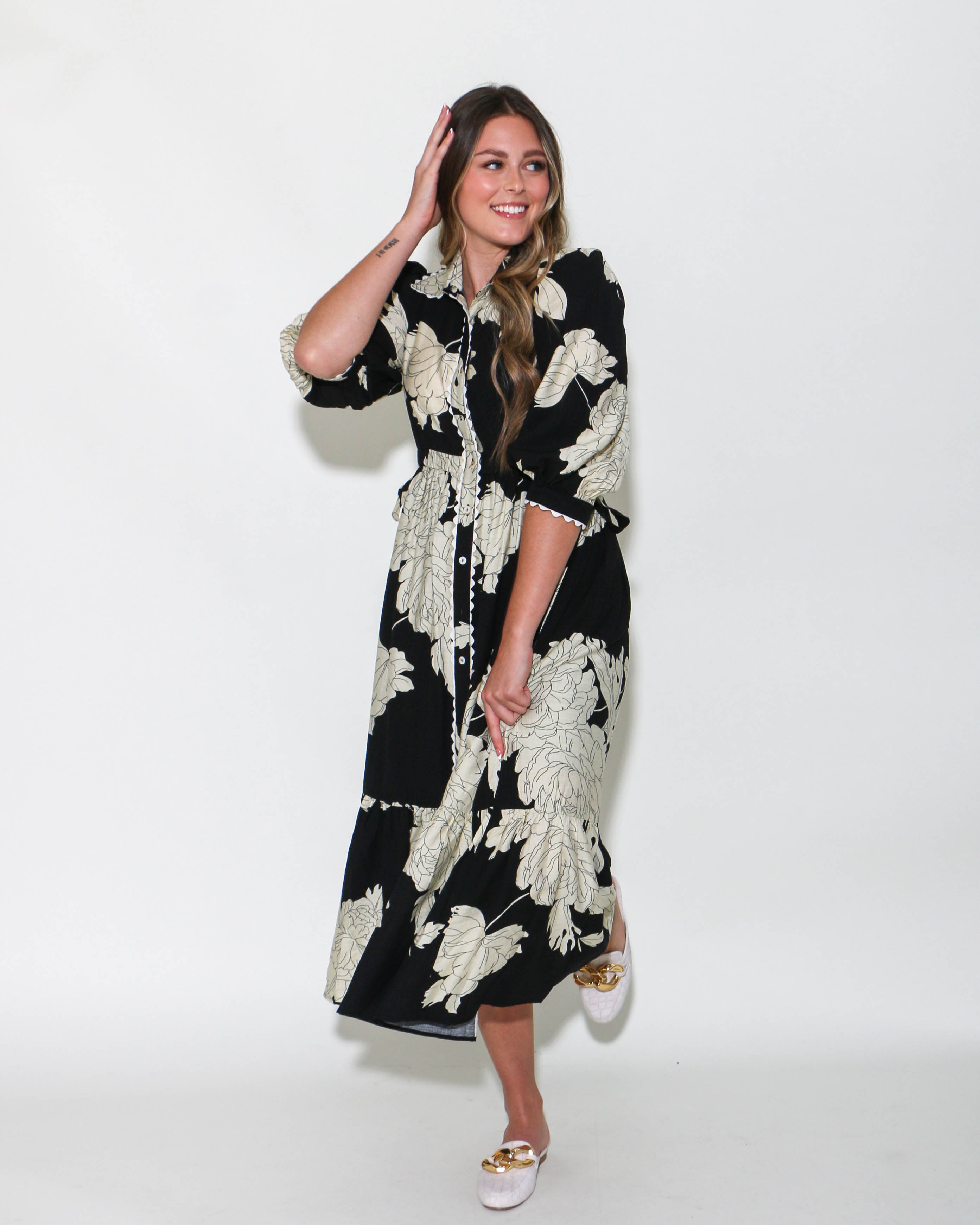 Floral Print Collared Button Up Midi Dress