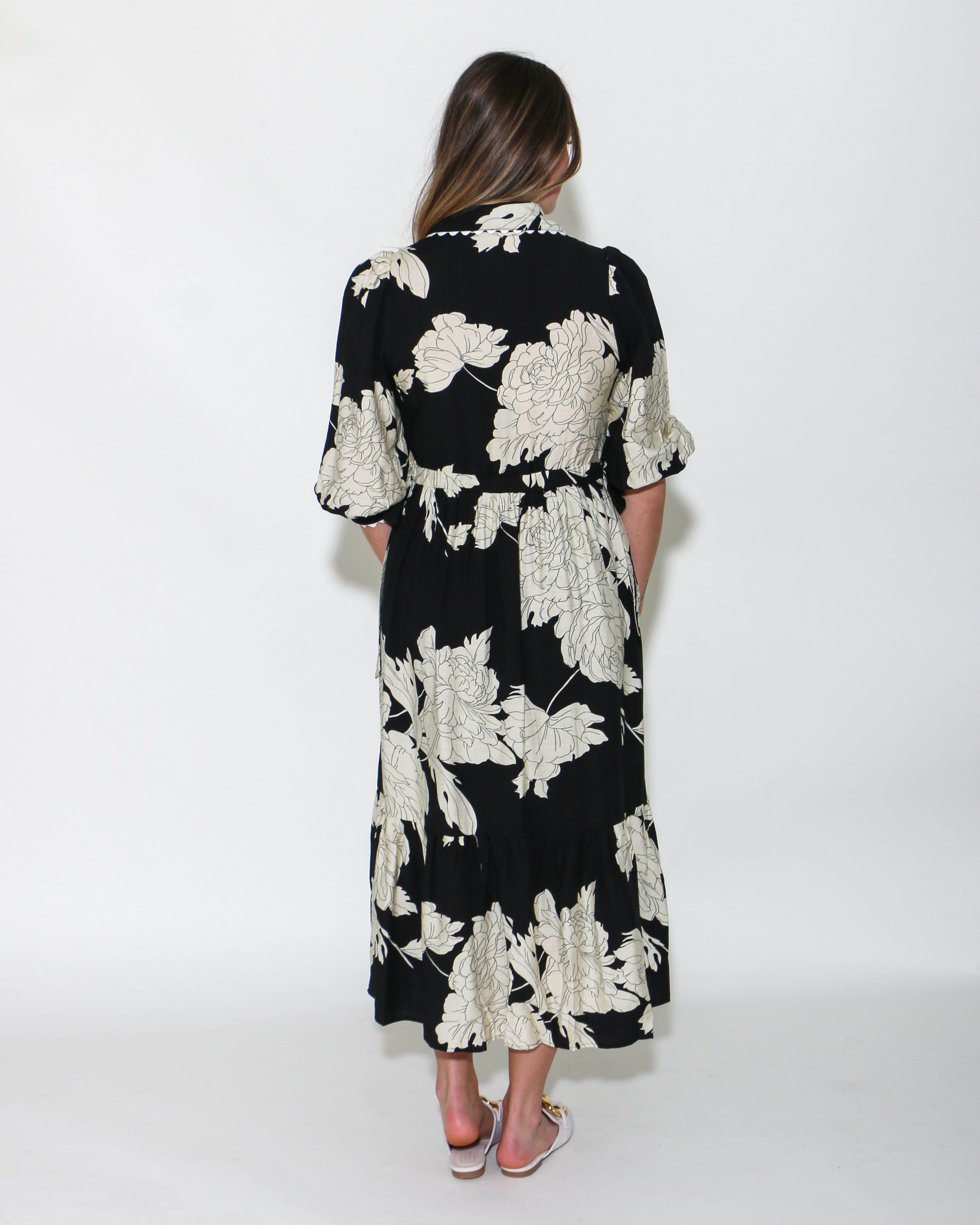 Floral Print Collared Button Up Midi Dress