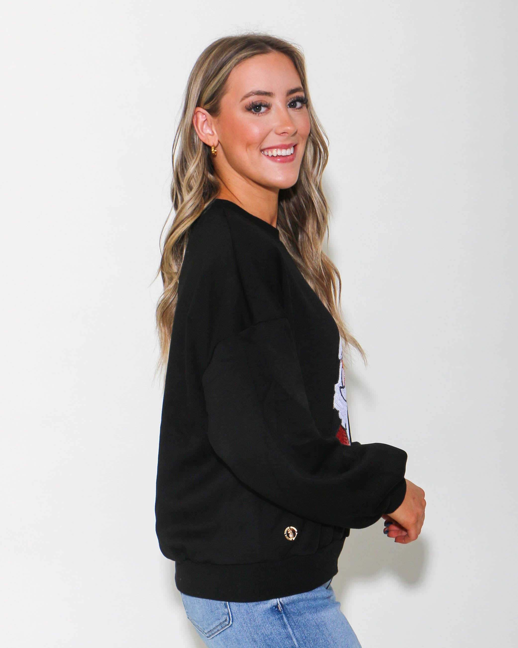 Sequin Santa Pullover in Black