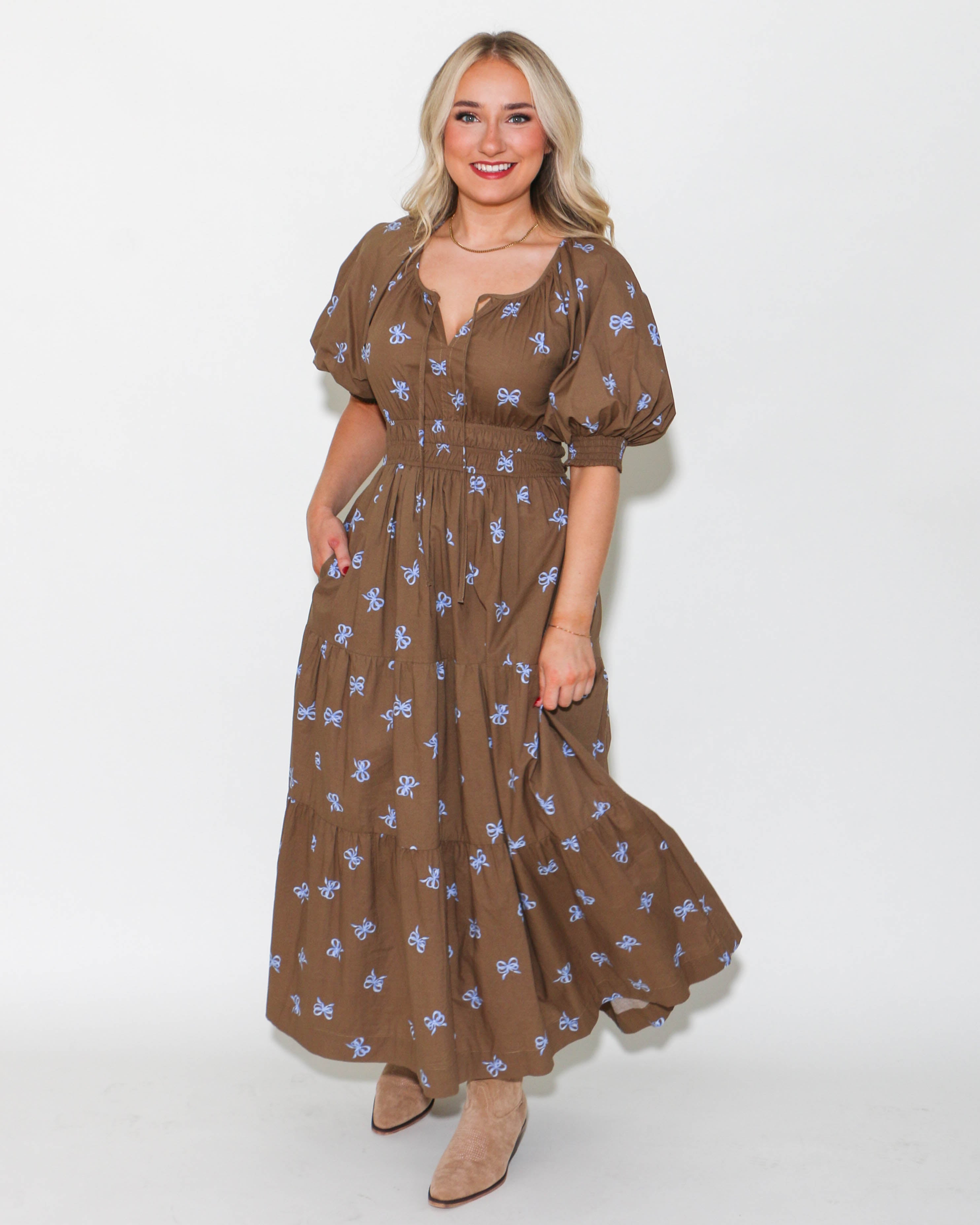 Bow Scoop Neck Midi Dress in Mocha