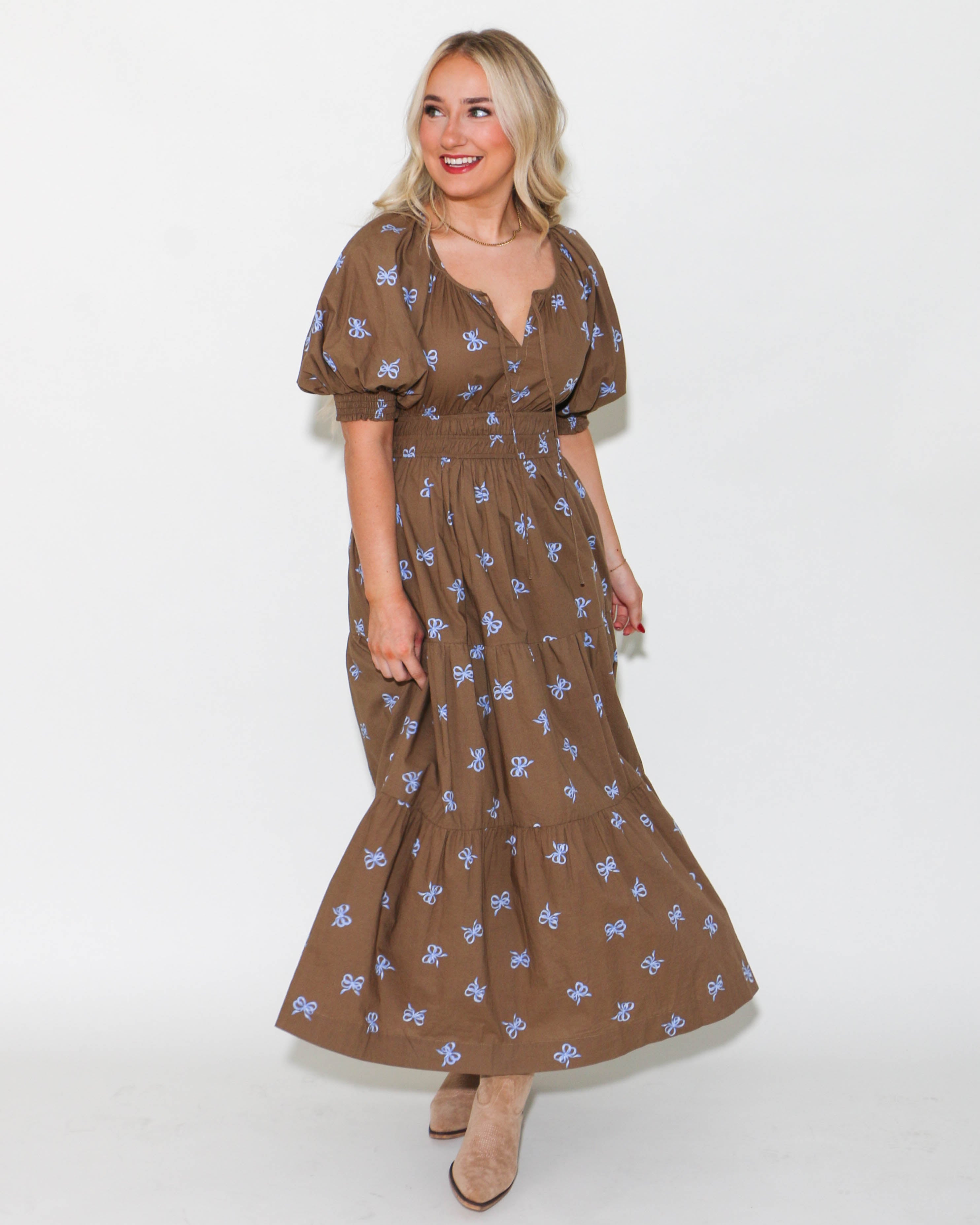 Bow Scoop Neck Midi Dress in Mocha