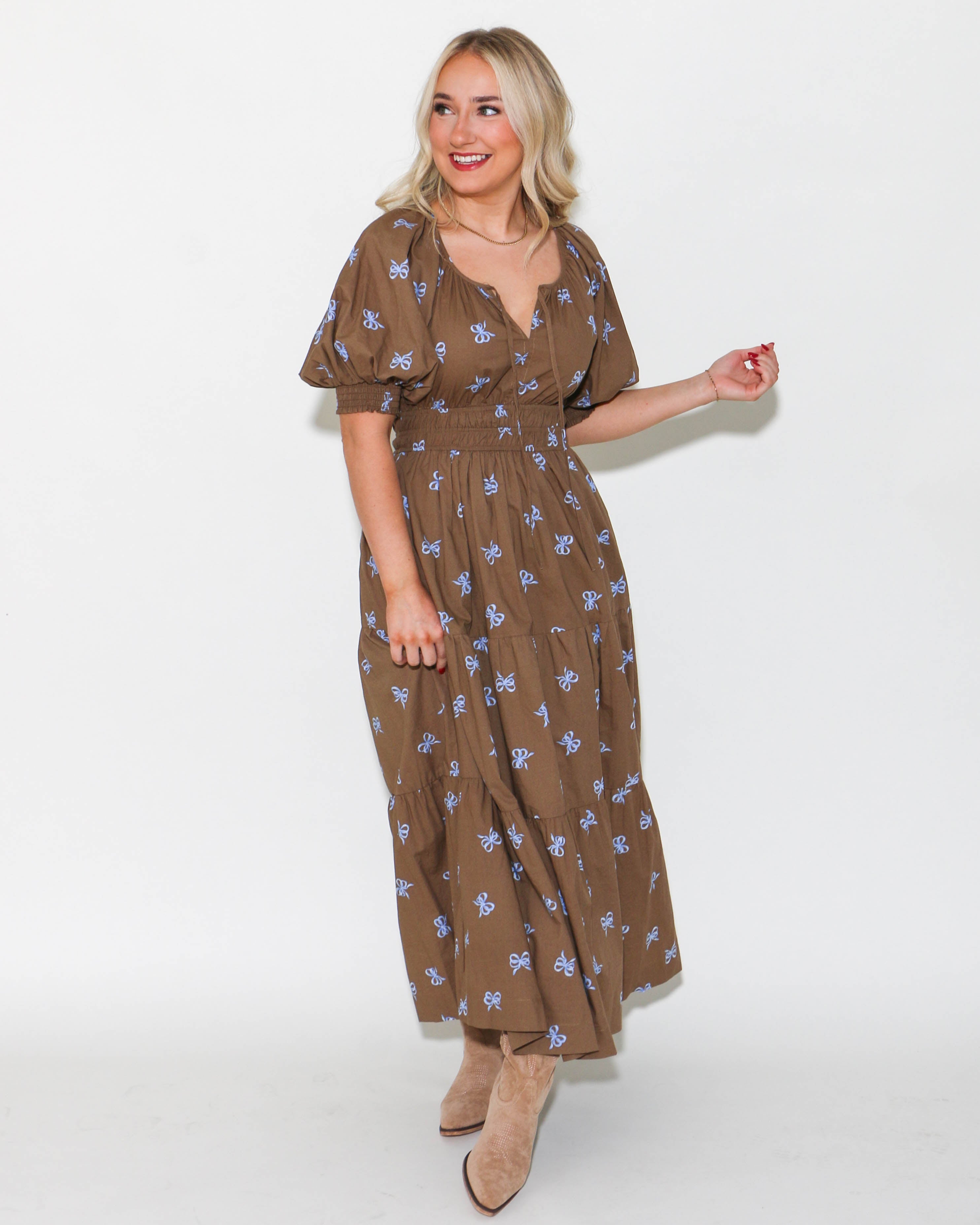 Bow Scoop Neck Midi Dress in Mocha