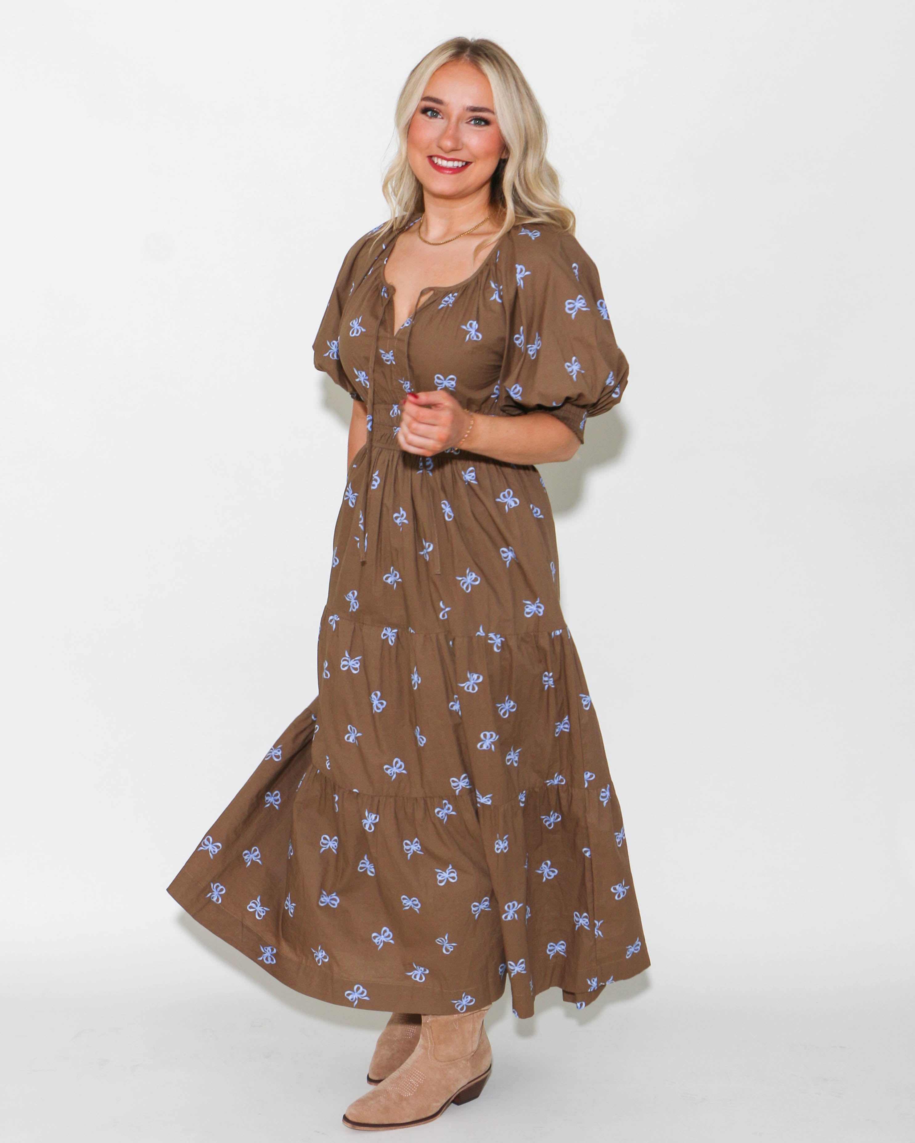 Bow Scoop Neck Midi Dress in Mocha