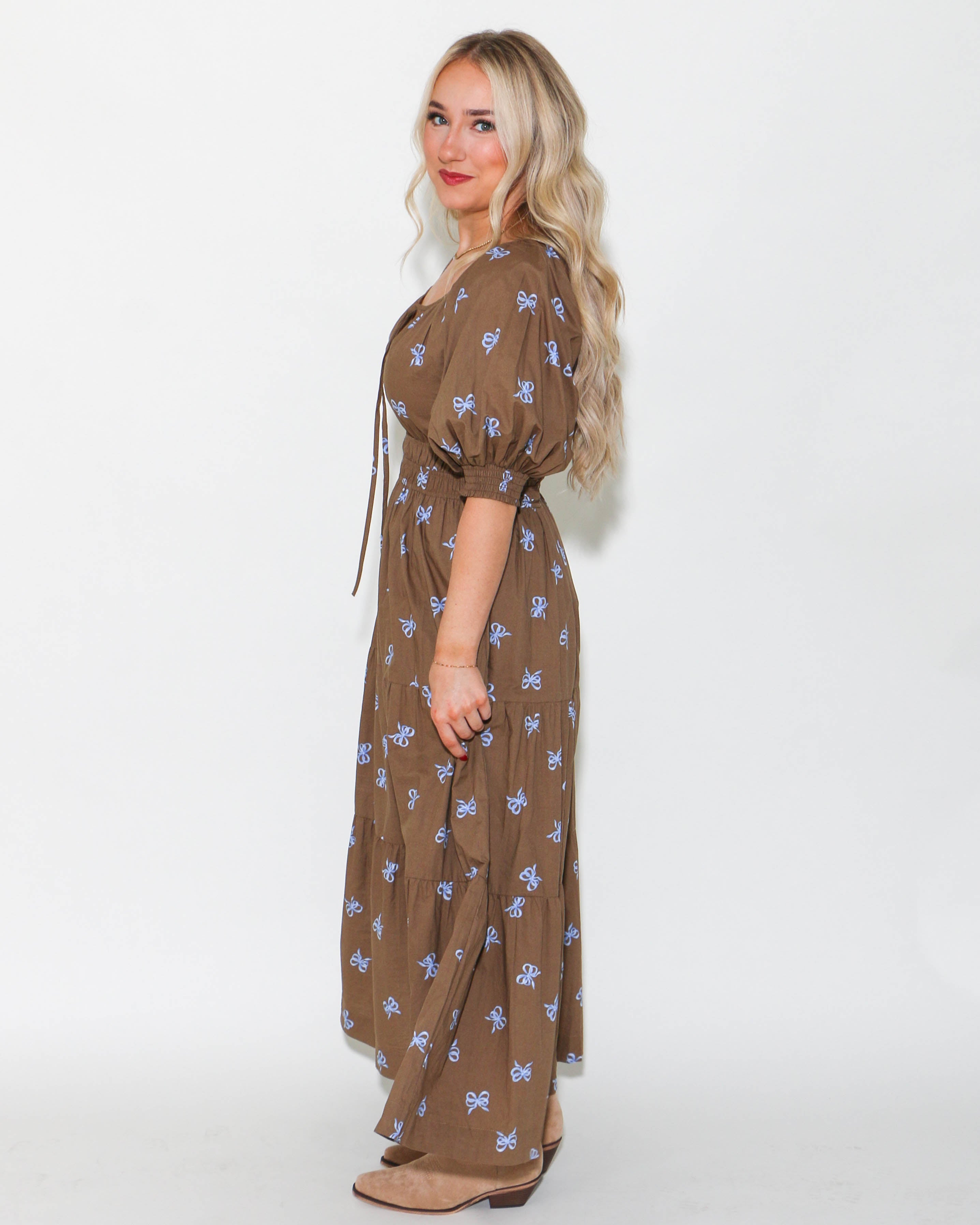 Bow Scoop Neck Midi Dress in Mocha