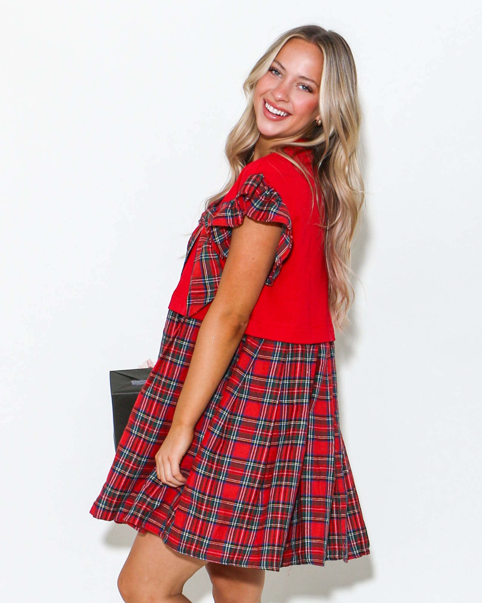 Ruffle Sleeve Plaid Ribbon Mini Dress in Red