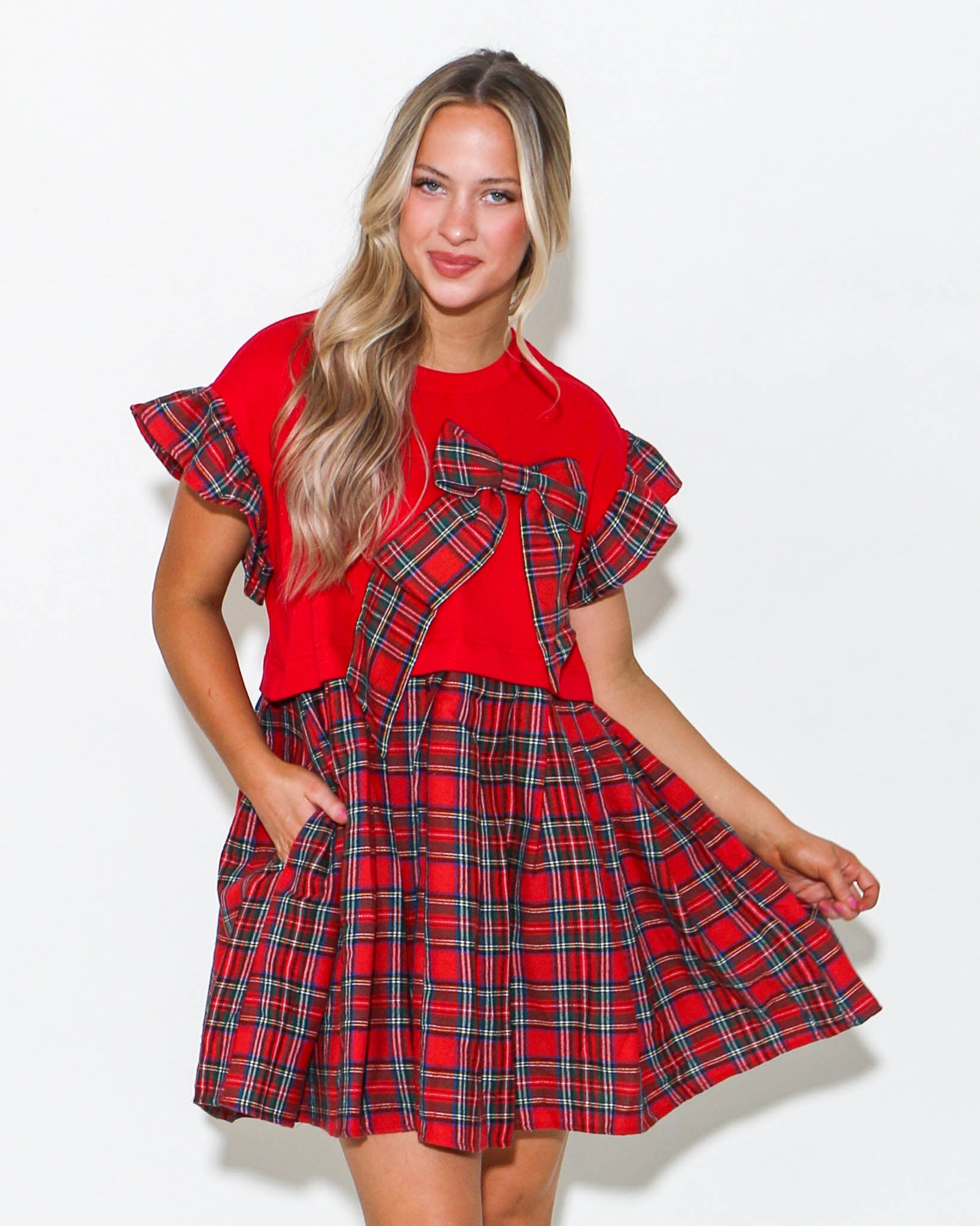 Ruffle Sleeve Plaid Ribbon Mini Dress in Red