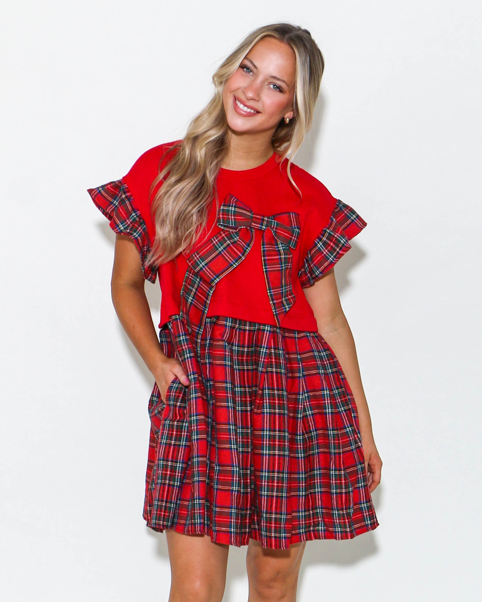 Ruffle Sleeve Plaid Ribbon Mini Dress in Red