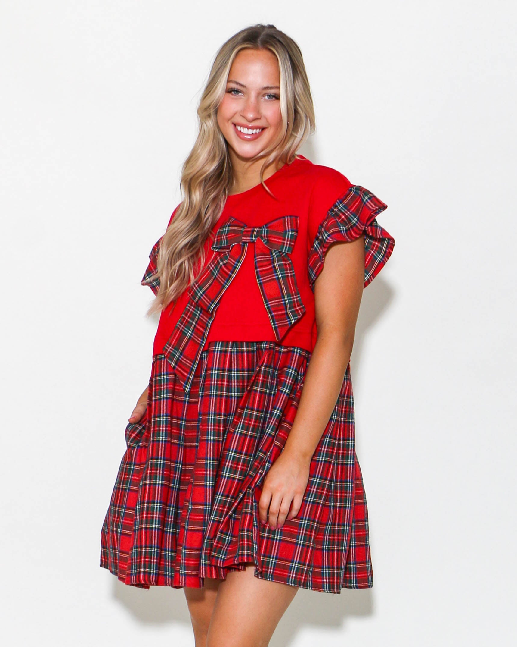 Ruffle Sleeve Plaid Ribbon Mini Dress in Red