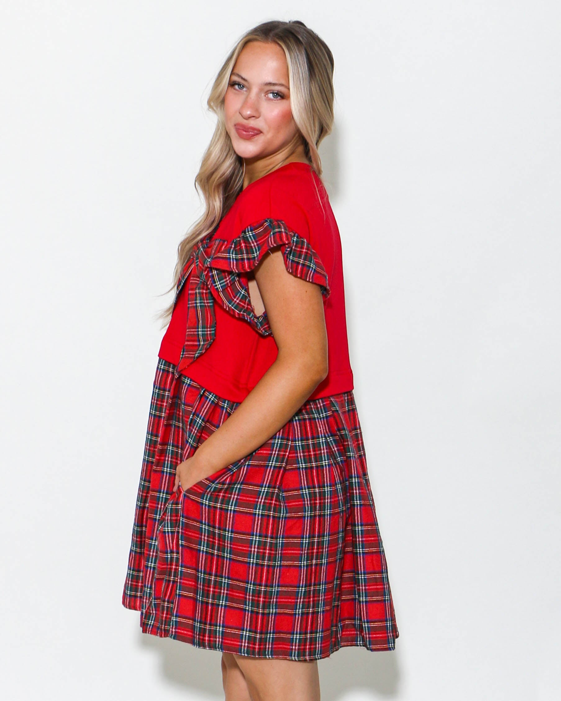 Ruffle Sleeve Plaid Ribbon Mini Dress in Red