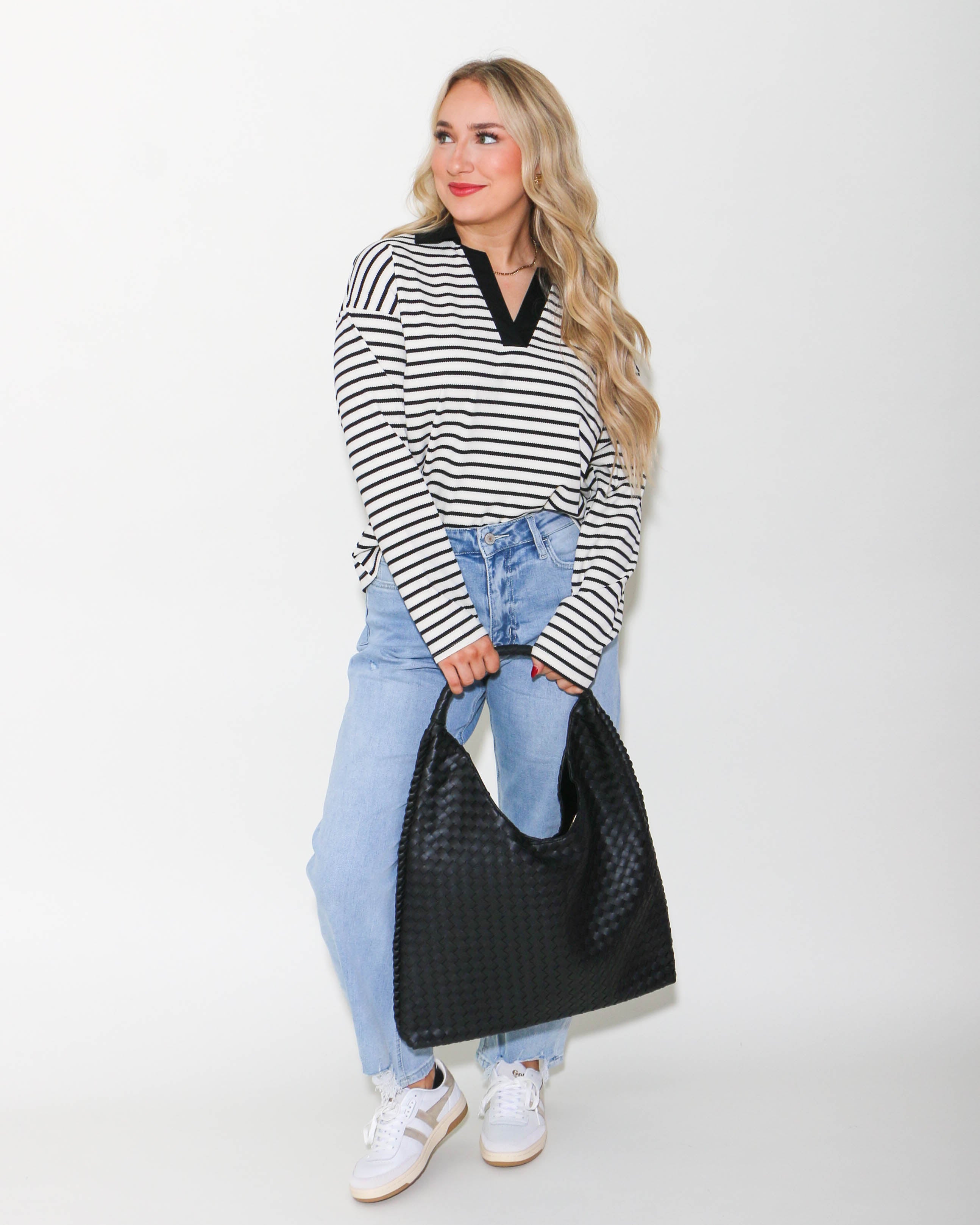 Striped Open Collared Neck Top in Black