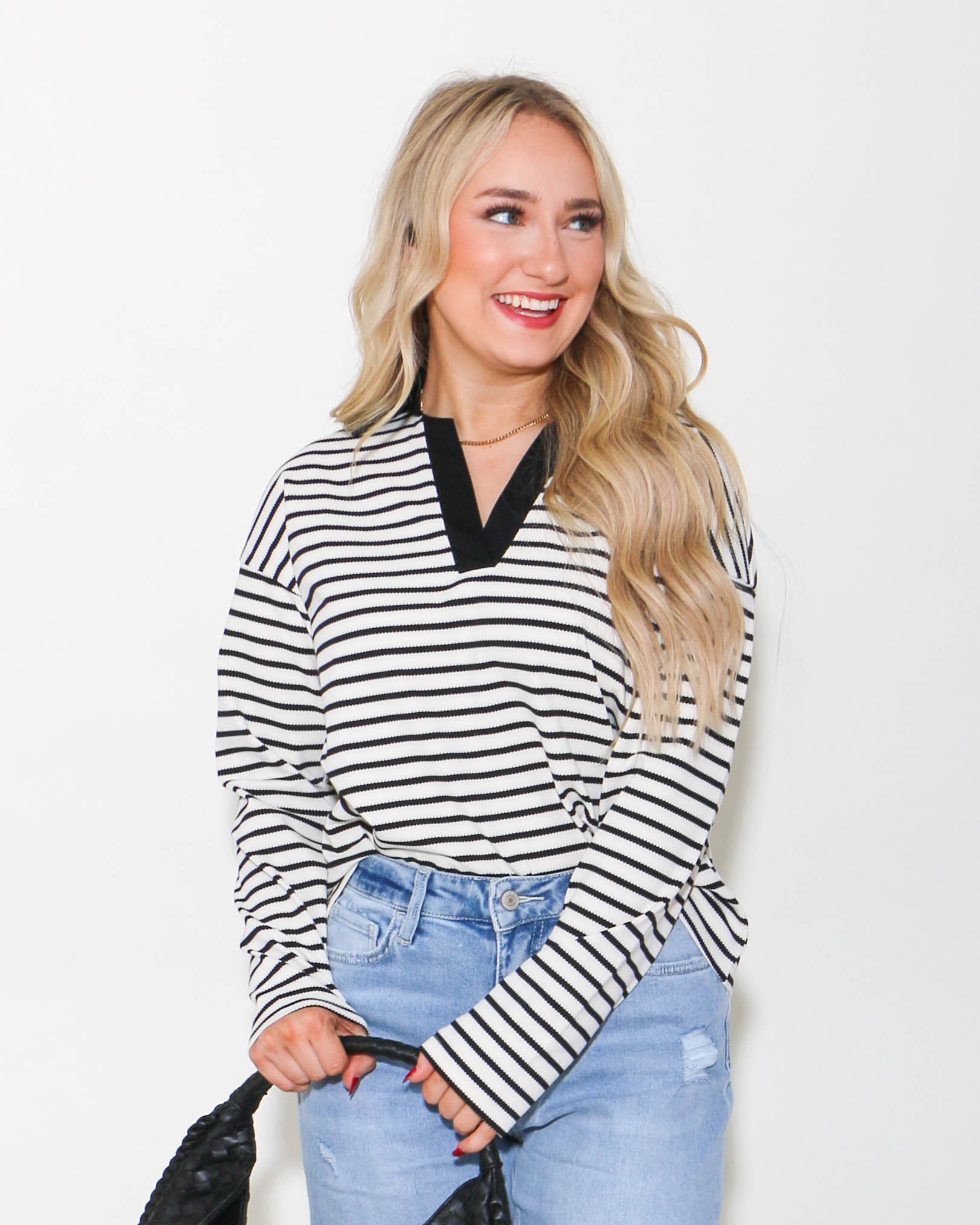 Striped Open Collared Neck Top in Black