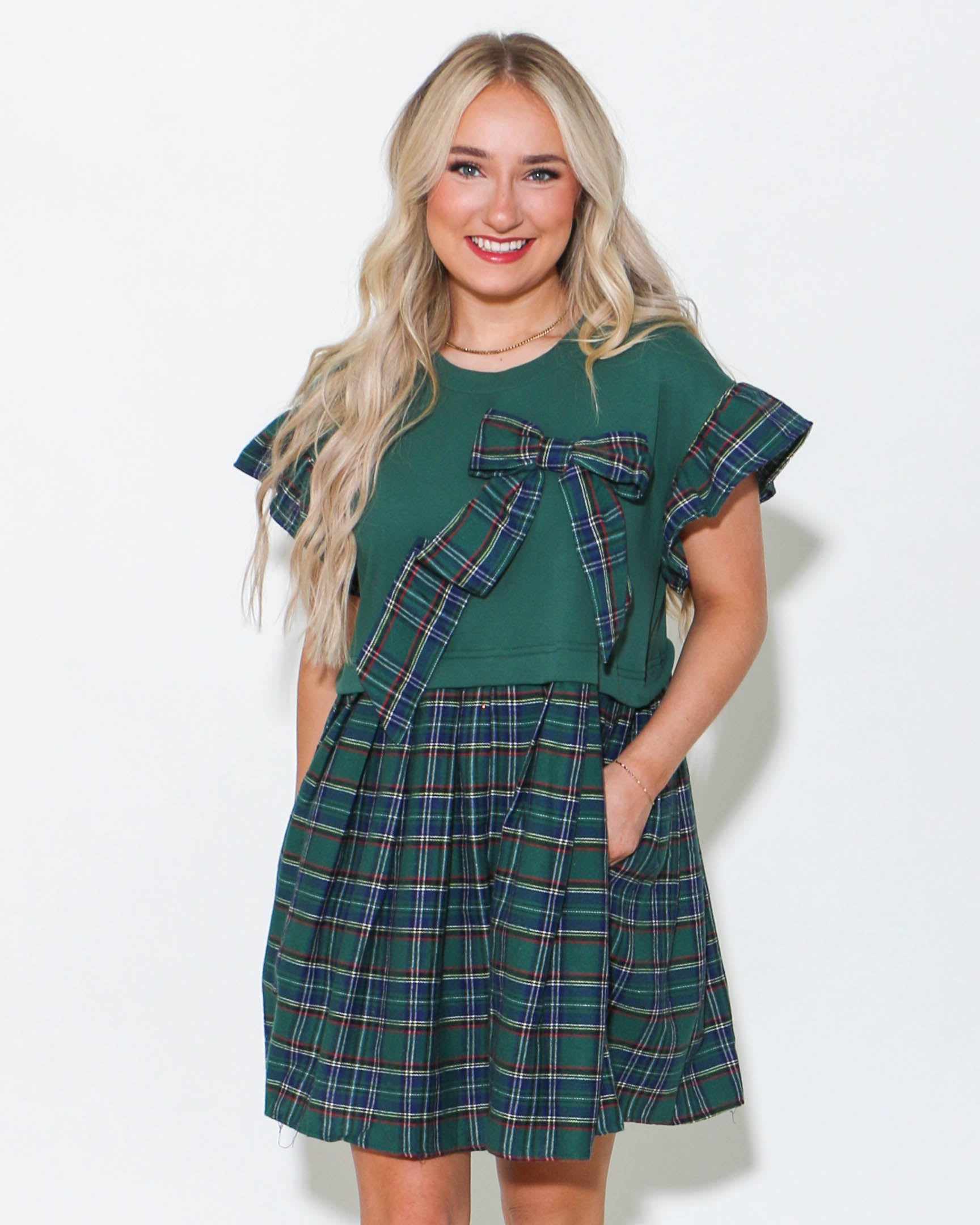 Ruffle Sleeve Plaid Ribbon Mini Dress in Green