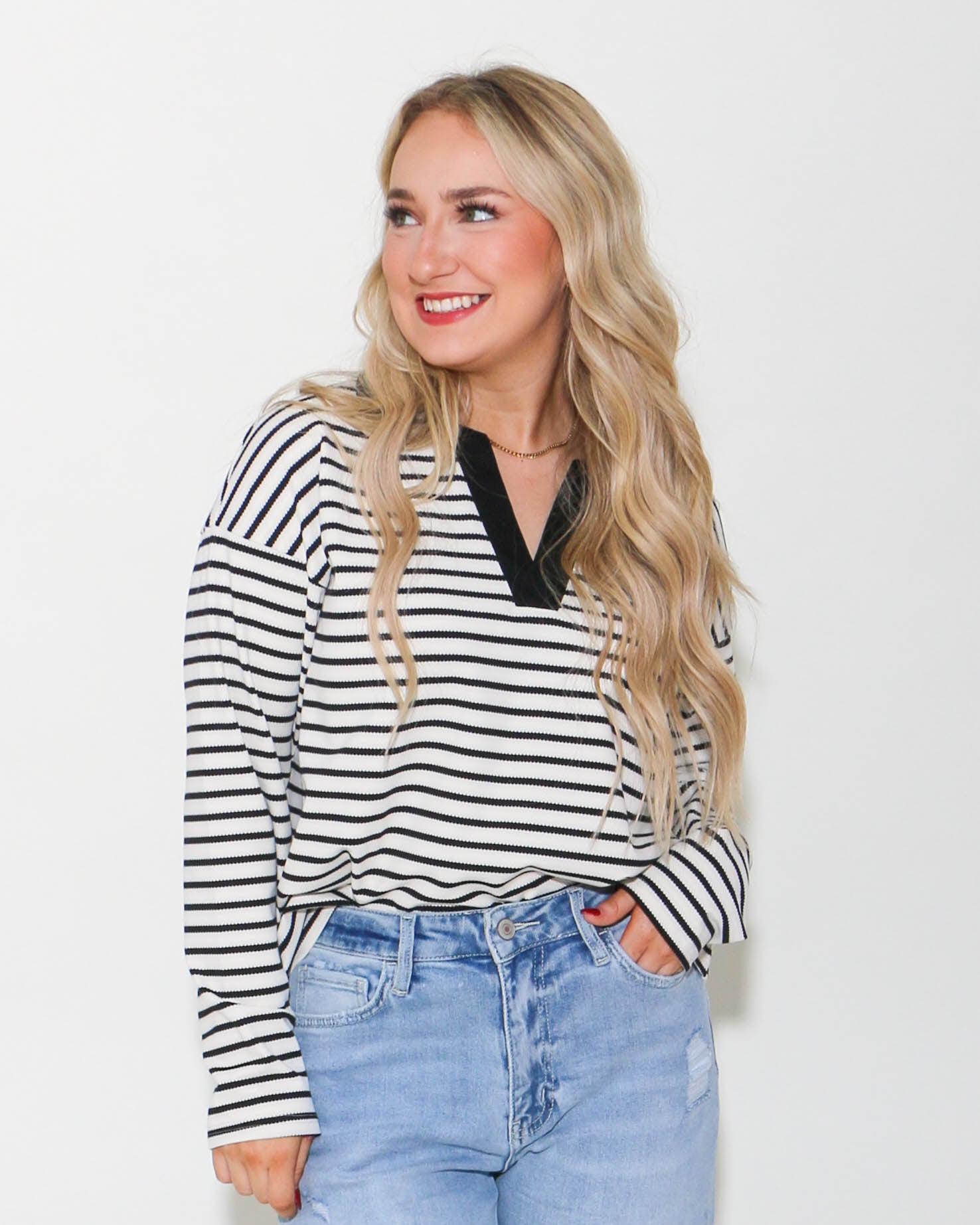 Striped Open Collared Neck Top in Black