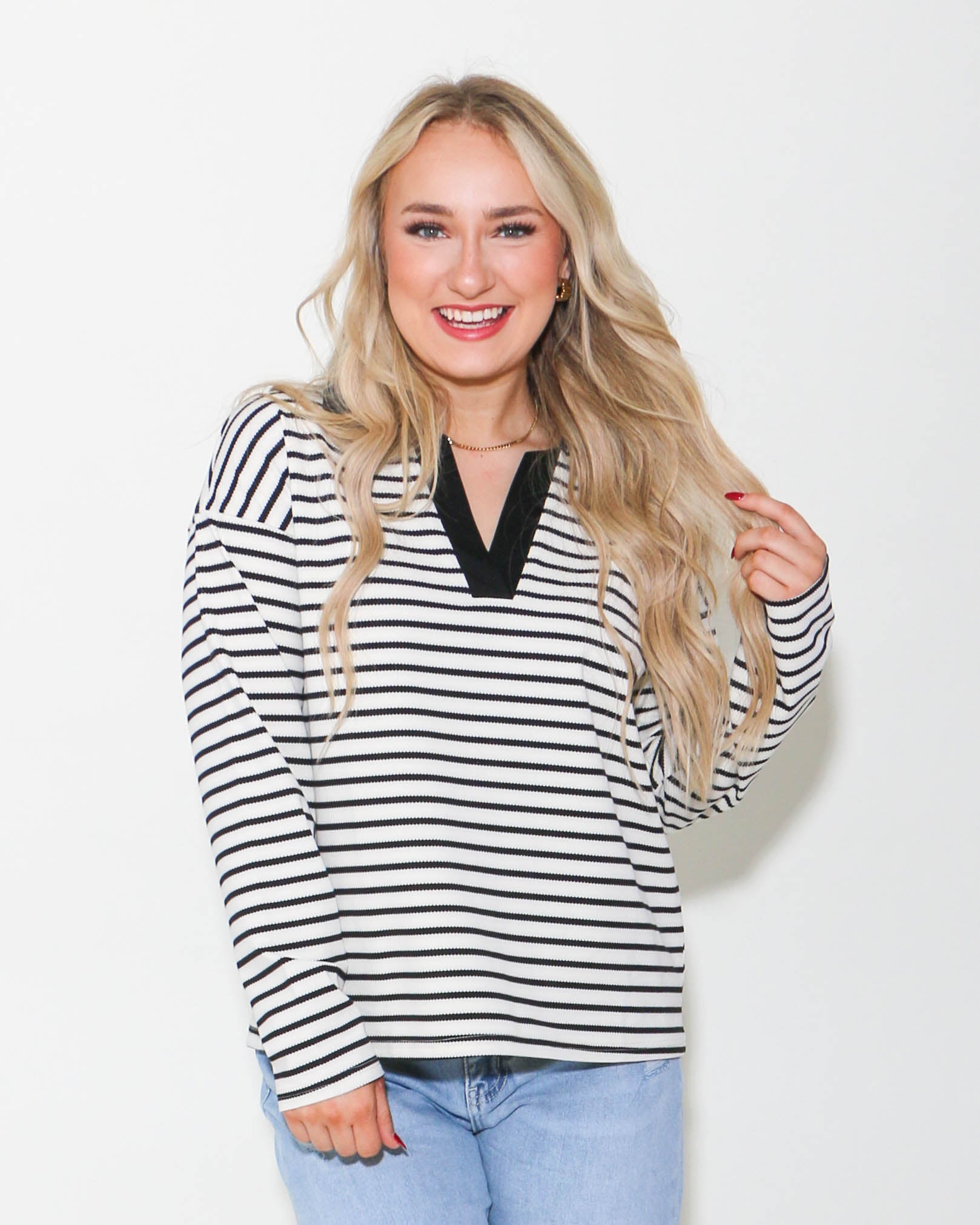 Striped Open Collared Neck Top in Black