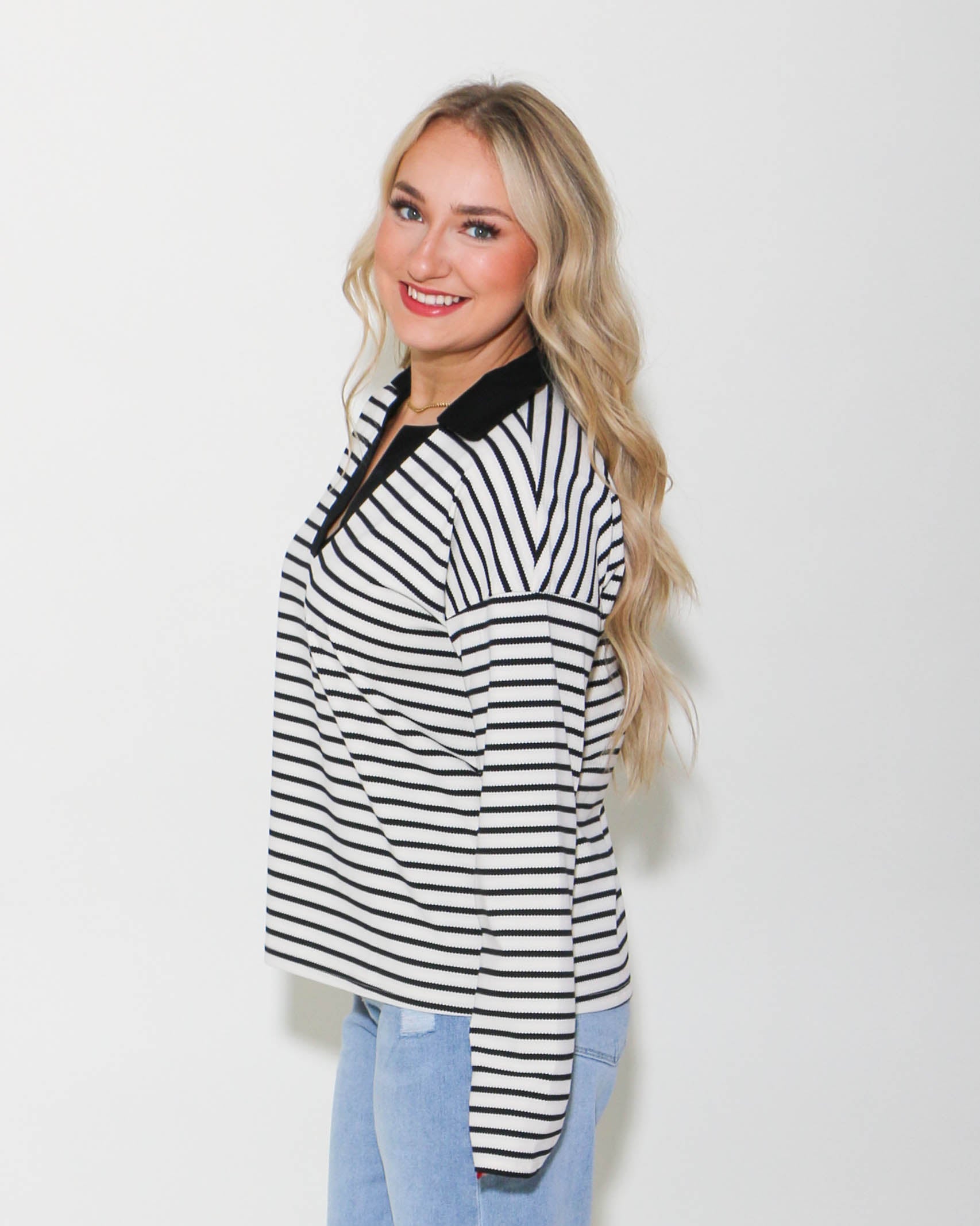 Striped Open Collared Neck Top in Black