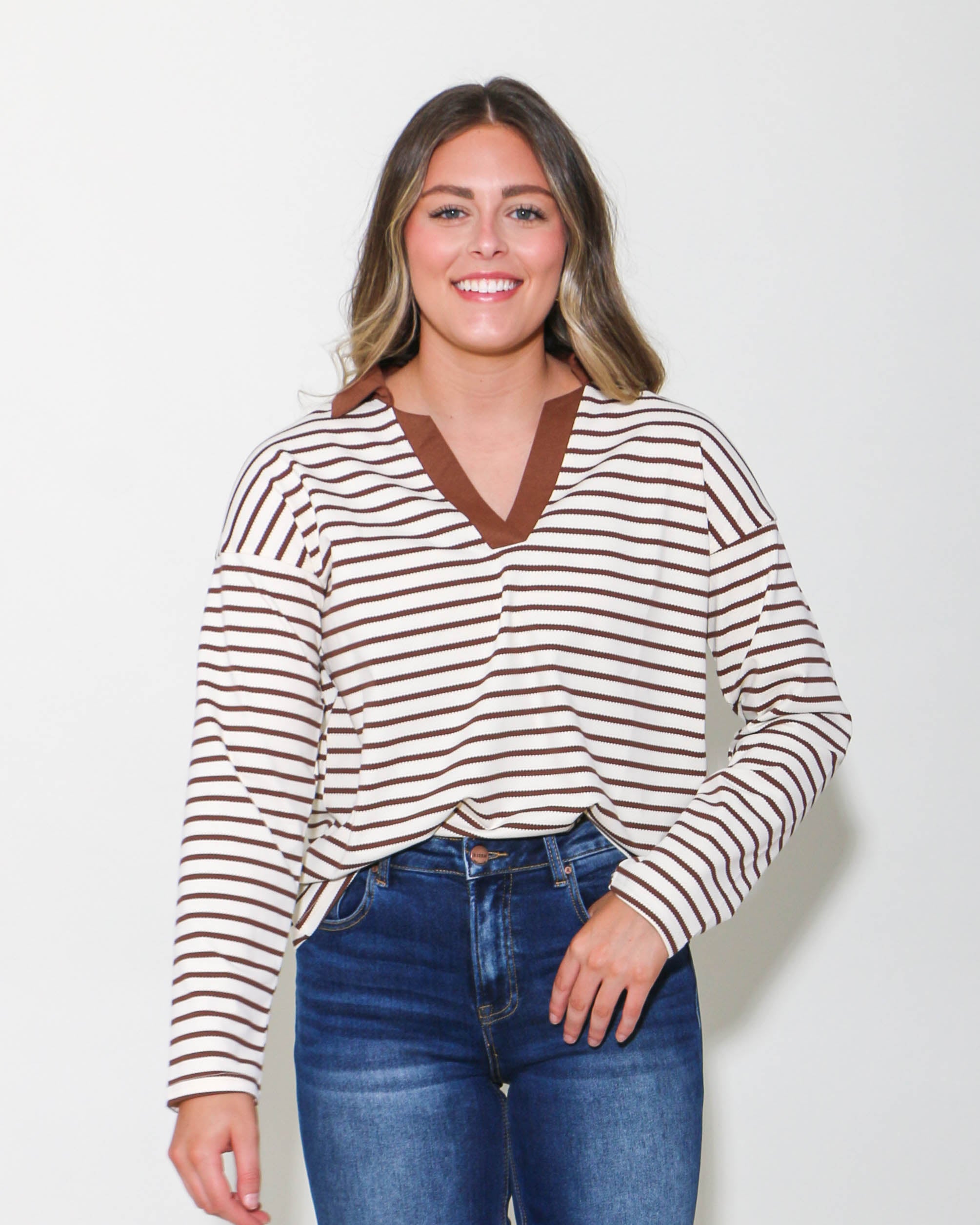 Striped Open Collared Neck Top in Chocolate