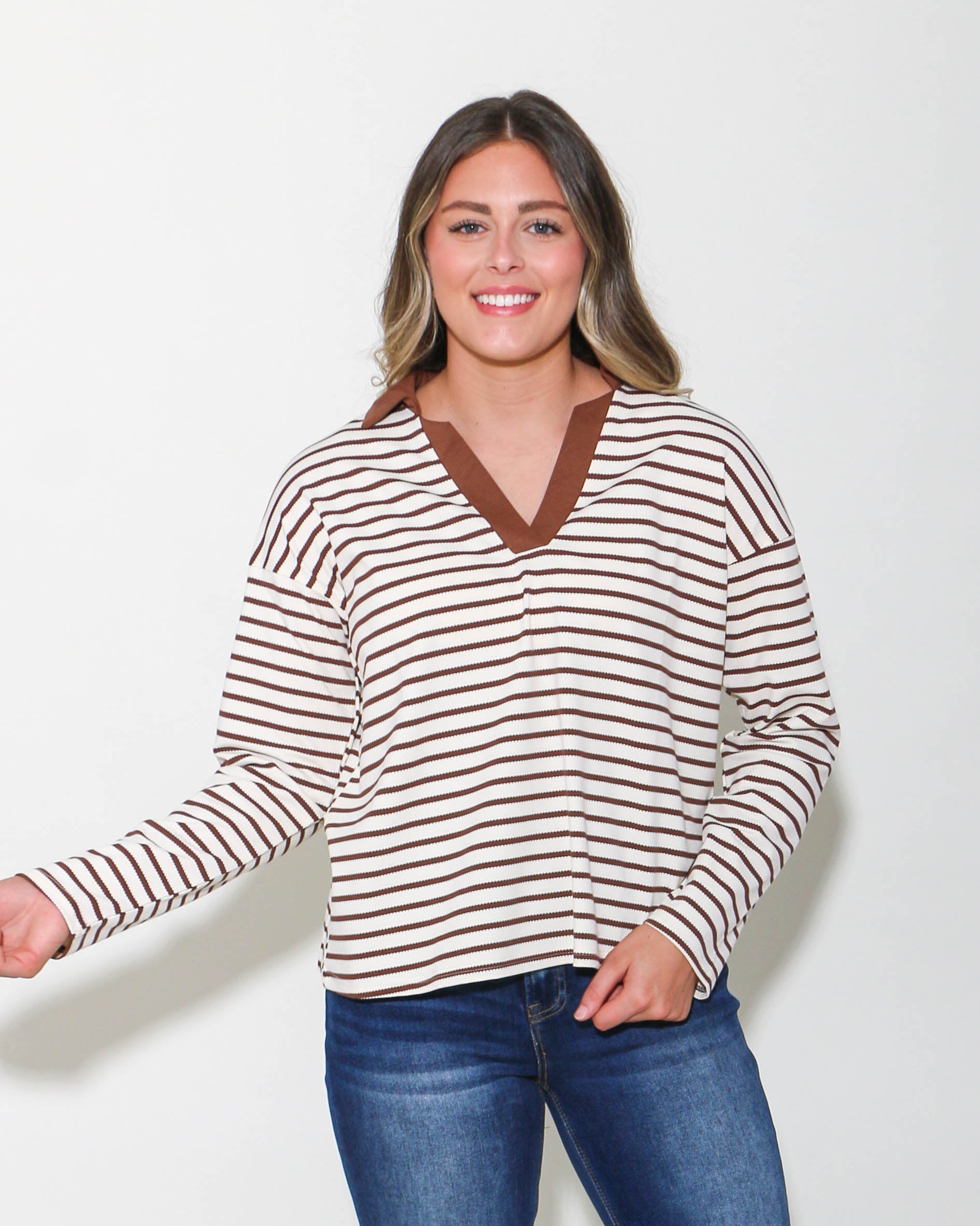 Striped Open Collared Neck Top in Chocolate